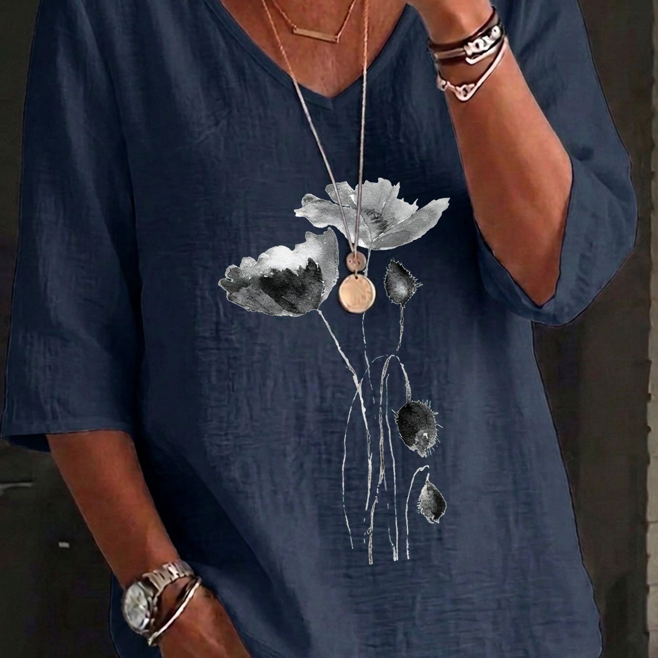TEMU Spring Summer Casual 's Top, Ink Style Floral Flower Stem Print Loose V-neck Three-quarter Sleeve Clothing