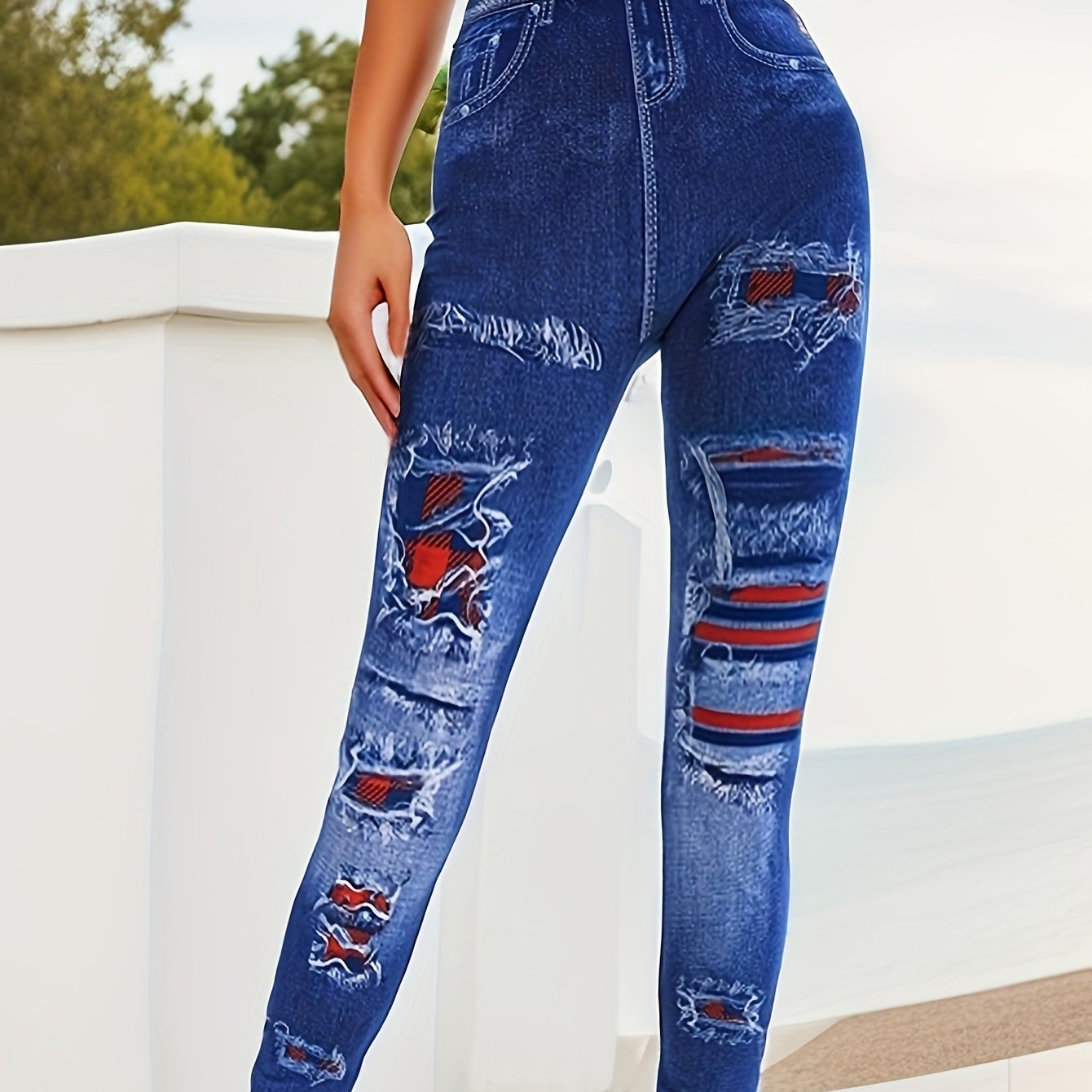 Image of [fitness Ready] Women's High-waist Ripped Print Leggings - Stretchy, Elastic Waistband, Distressed Detail, For Gym & Casual Wear, Workout Leggings