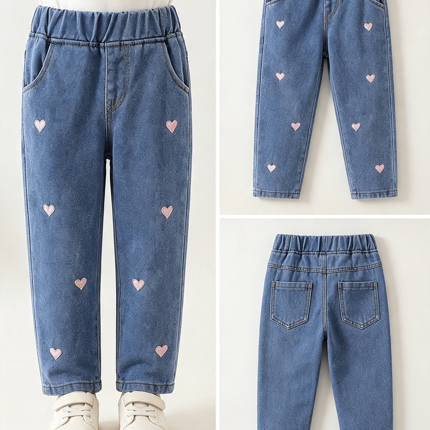 Girls' Spring/autumn Light Blue Jeans | Heart Embroidery Elastic Waist Straight Trousers | Small To Medium Size Fashion Casual Pants