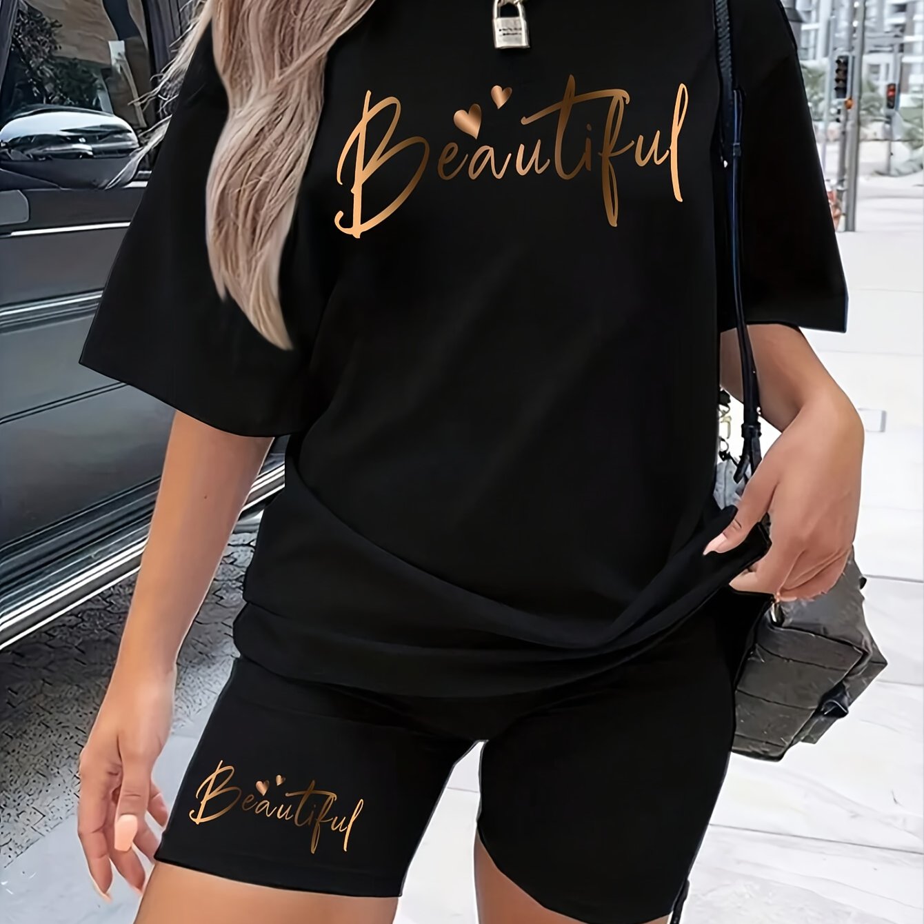 TEMU Ensemble Décontracté pour Femmes avec T-shirt à Manches Courtes Imprimé Lettres et Shorts pour l'Été