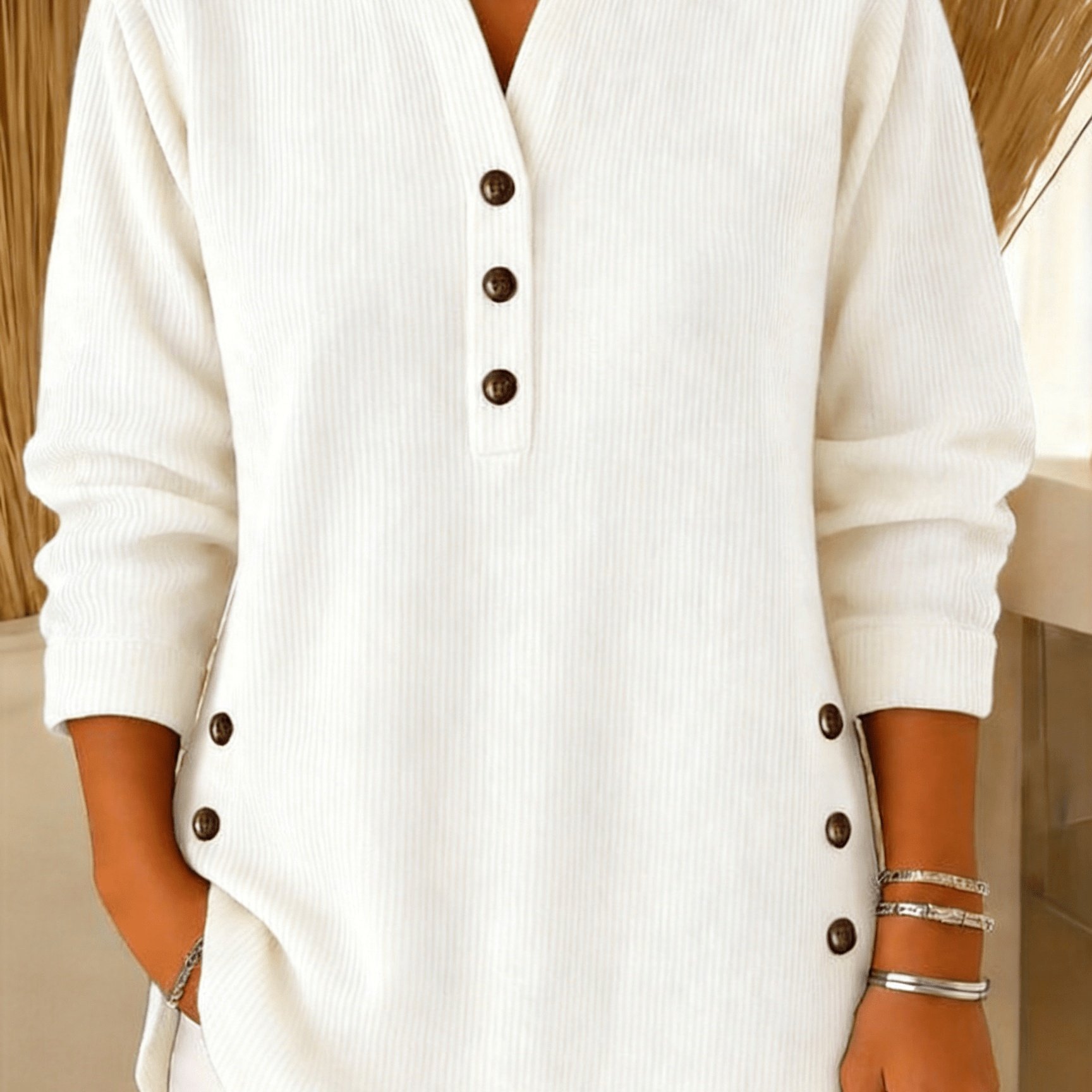 TEMU Plus Size, Plus-size Women's Spring/autumn Vertical Rib-textured Base Layer Top, Featuring A Loose Semi-open Neckline With Side-button ,