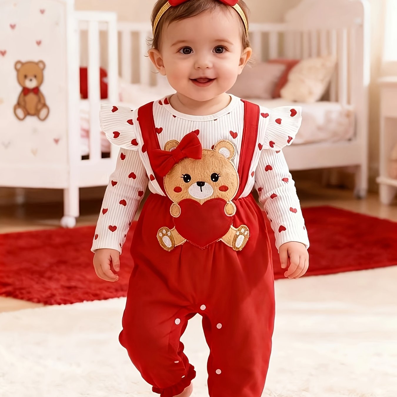 Image of Baby Girl Valentine's Day Heart Bear Romper Set, Long Sleeve Red And White With 3d Heart Bear + Bow Headband, Versatile , Perfect For Outdoor