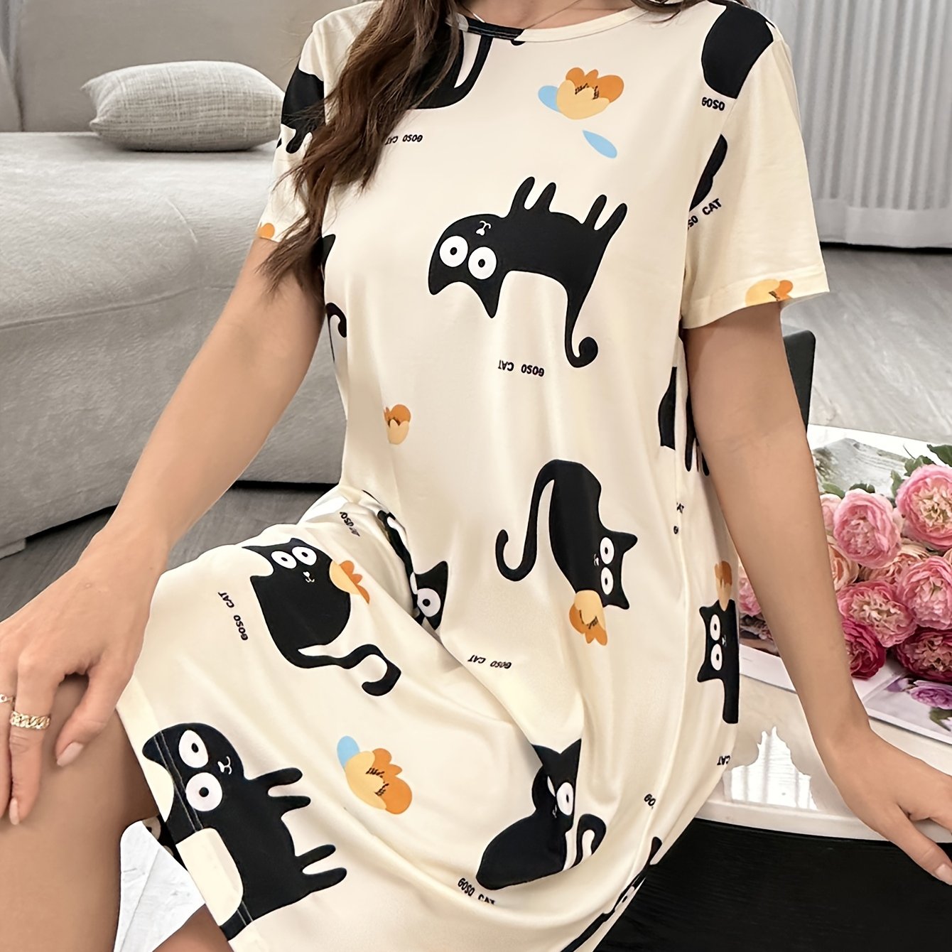 Sleepwear Short Sleeve Casual Cat Print Loose Nightgown, Wearable Outside