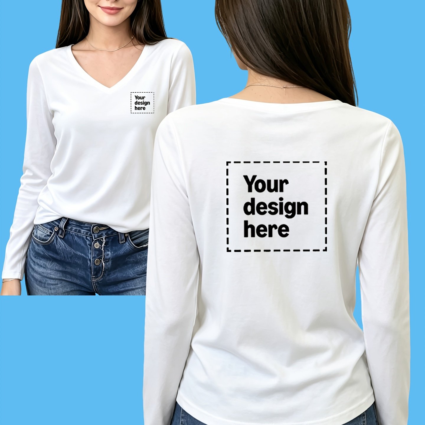 TEMU Custom Double-sided Logo Pattern Fashion Daily All-match Casual Women's V-neck Long Sleeve