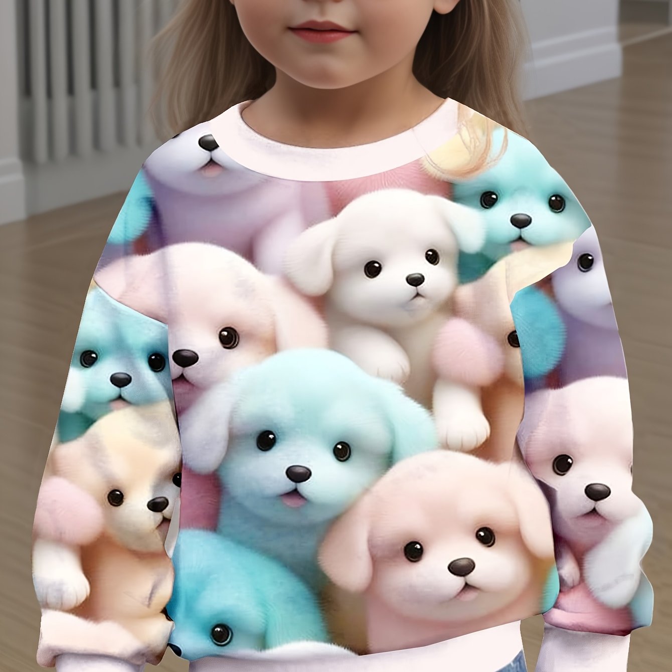Girls' Long Sleeve T-shirt Summer New Mid-size Kids Cute Puppy Print Round Neck Long Sleeve Casual Loose Top