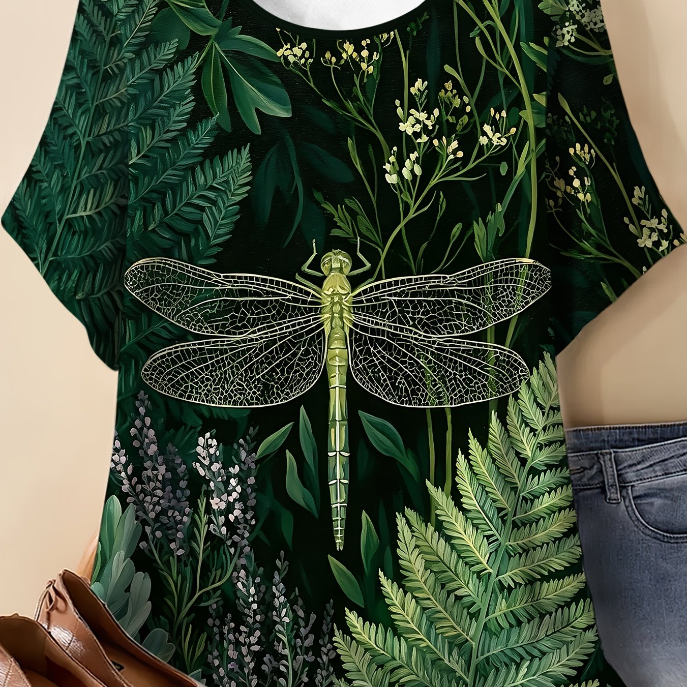 TEMU Women's Plus Size Round Neck Short Sleeve T-shirt, Summer Style With Dragonfly And Green Plant Print, Lightweight, Comfortable, Elegant, And