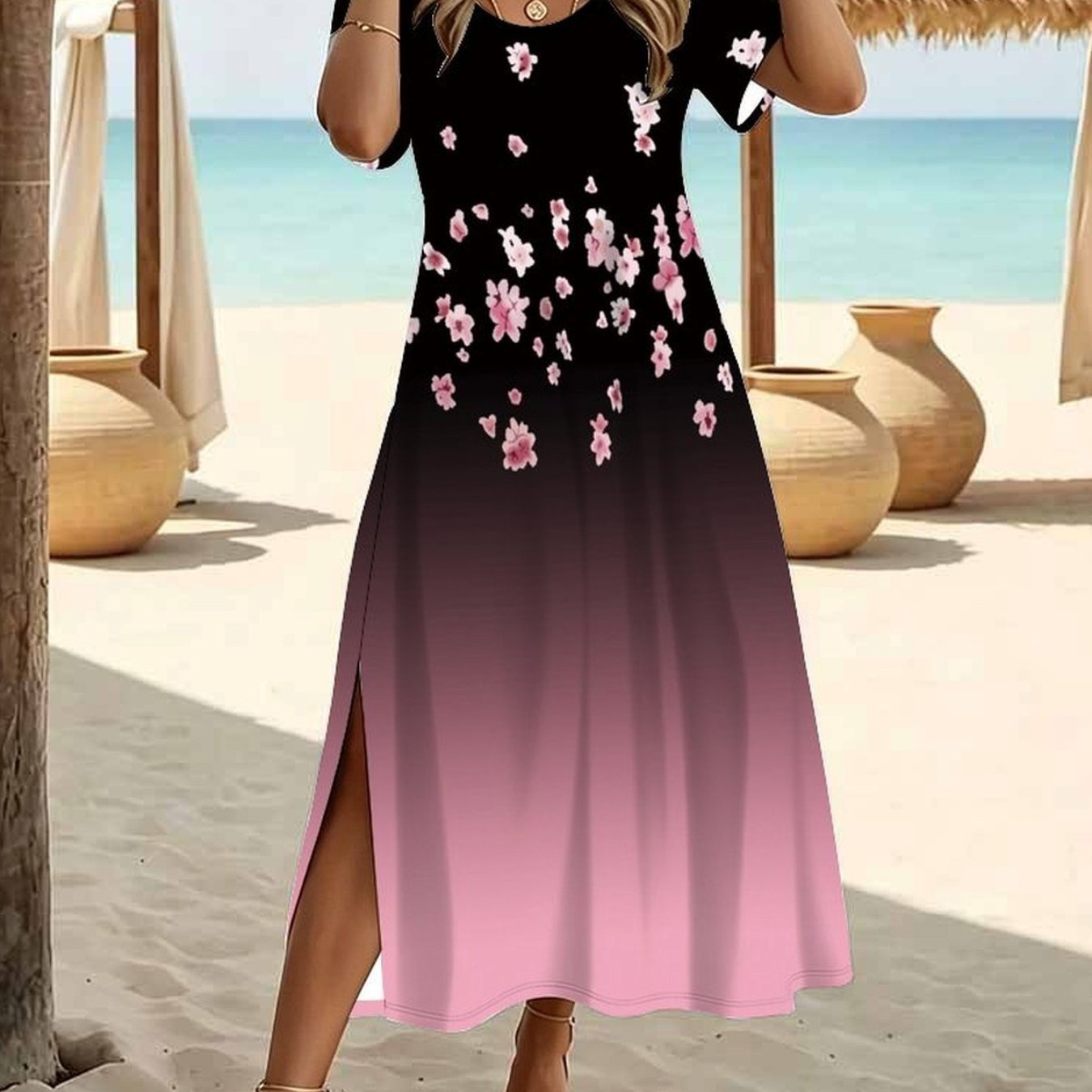 Plus Size Women's Summer Fashion Dress, Casual With Tiny Botanical Floral Print, Crew Neck Short Sleeve Split Hem Elegant Dress