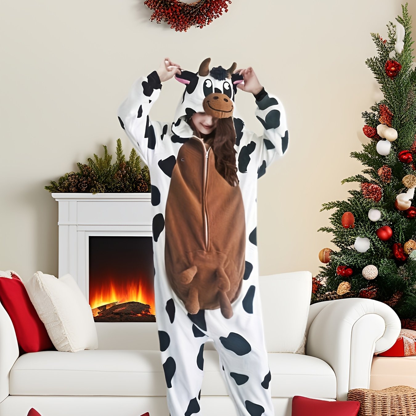 Image of Cozy & Cute Cow-spot Hooded Onesie Pajamas For Women - Soft, Long Sleeve, Zip-up Adult Sleepwear With Spots, Ideal For Christmas & Halloween Parties