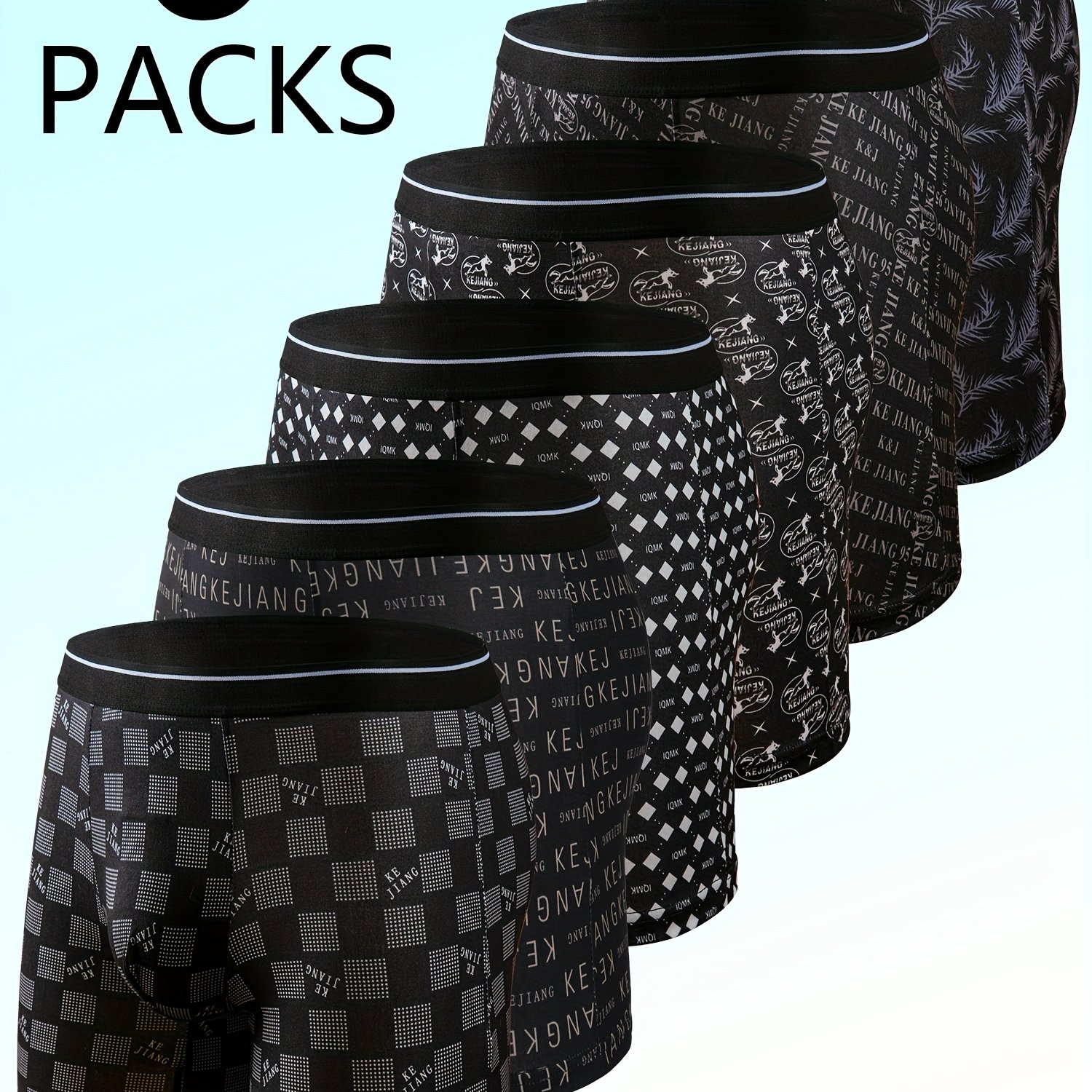 TEMU 6pcs Men's Stretchy Boxer Briefs - Breathable & Comfortable, Black & White Print Polyester Blend, Elastic Waistband, Perfect For Sports & Casual