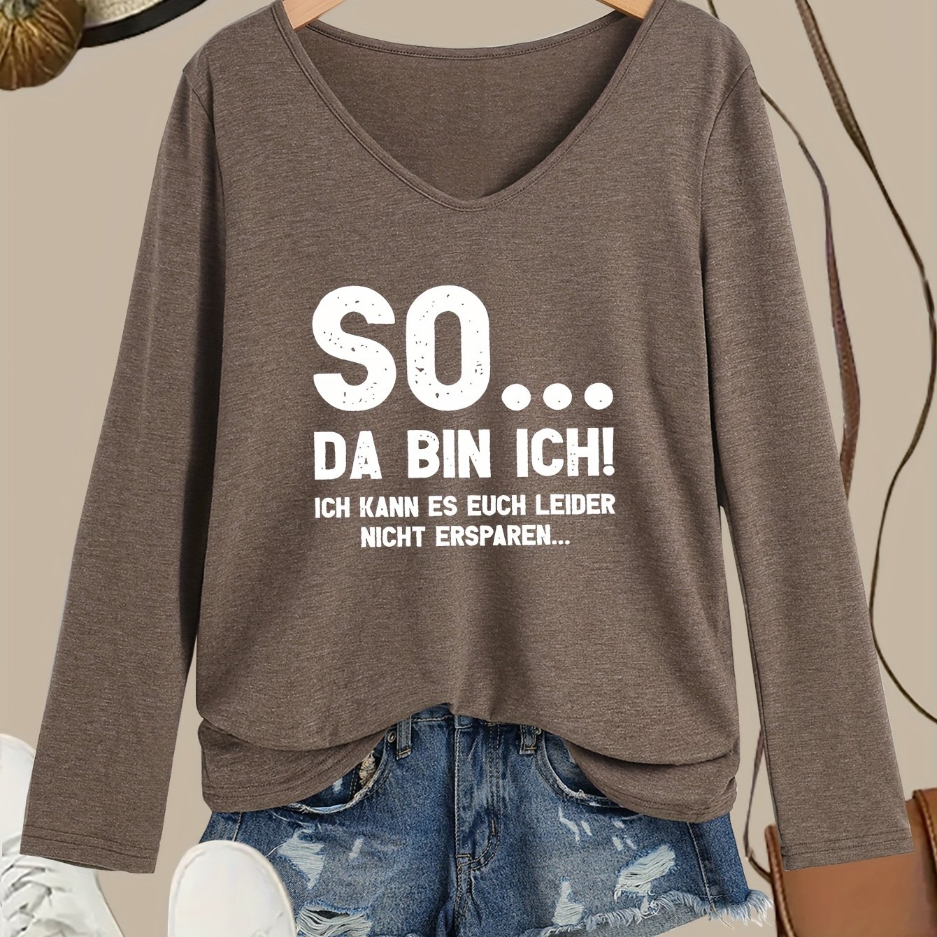 E-shop Farbe Herbst/Winter V-Ausschnitt Letter Print Pullover Langarm T-Shirt_5139