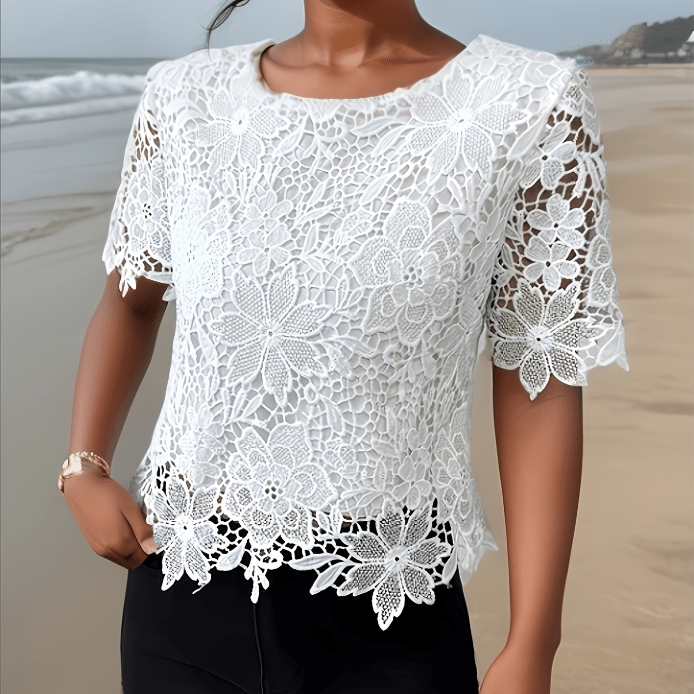 TEMU Plus Size - Women' Hollow Casual Top, Plus Size Women's Blouse, Embroidered Shirt, Vacation Wear, Spring Summer Fall Shirt