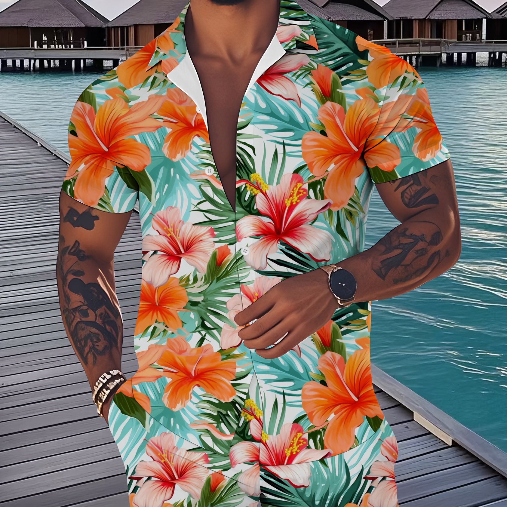 TEMU Heren set met tropische bloemenprint en 3D-print, zomerset met kort T-shirt en korte broek, 2-delige set, gemaakt van polyestervezelstof, stijl,