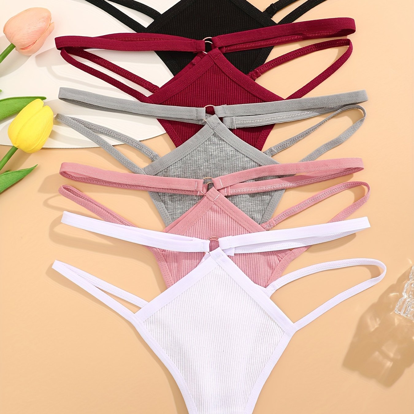 5pcs Solid Color Ribbed Ring Linked Thongs | Simple Comfy Breathable Stretchy Women's Lingerie & Underwear With Drop Waist