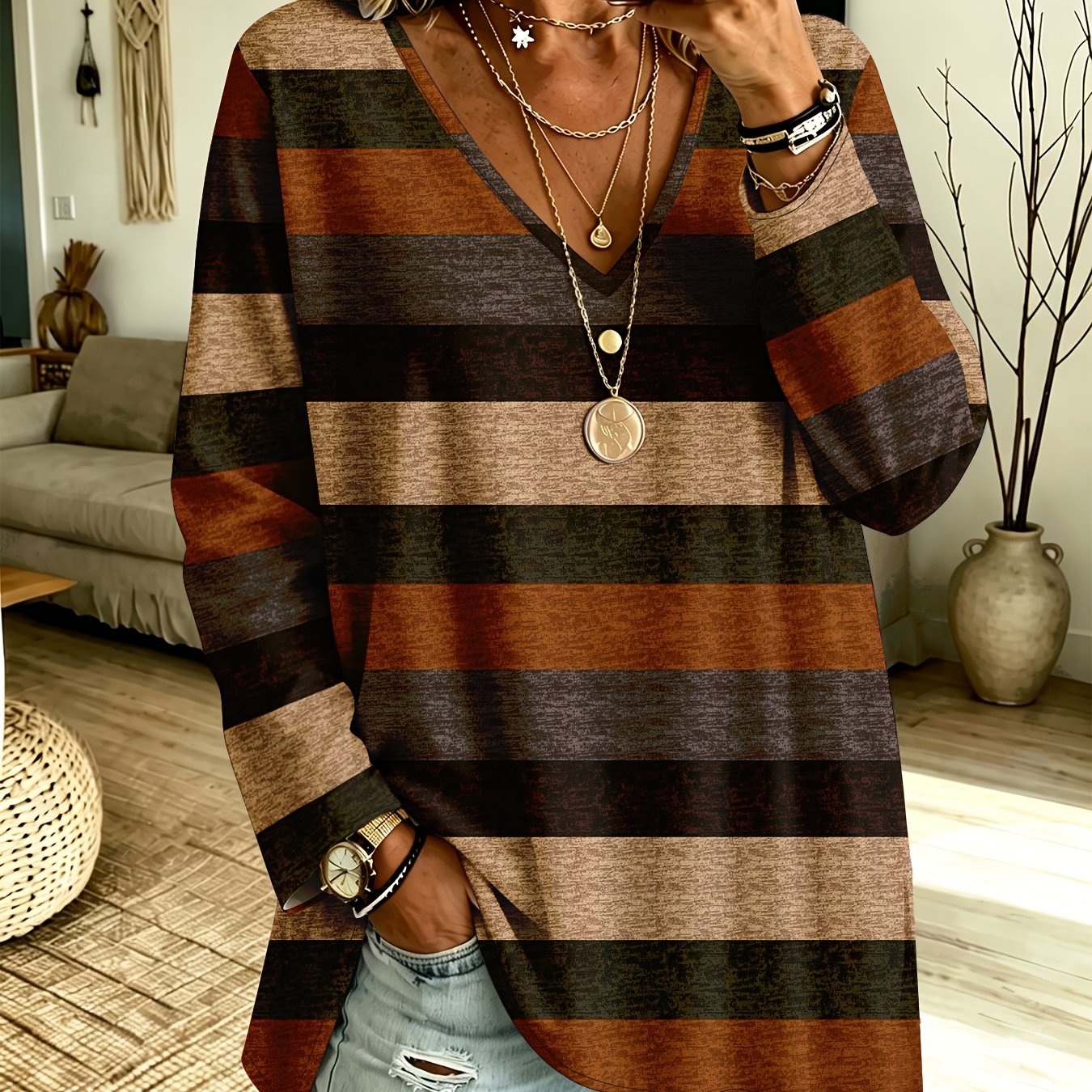 TEMU Plus Size, Plus Size Women's Vintage Caramel Brown Horizontal Stripe V-neck T-shirt - Loose Fit Full-body Print -compatible Top Suitable For