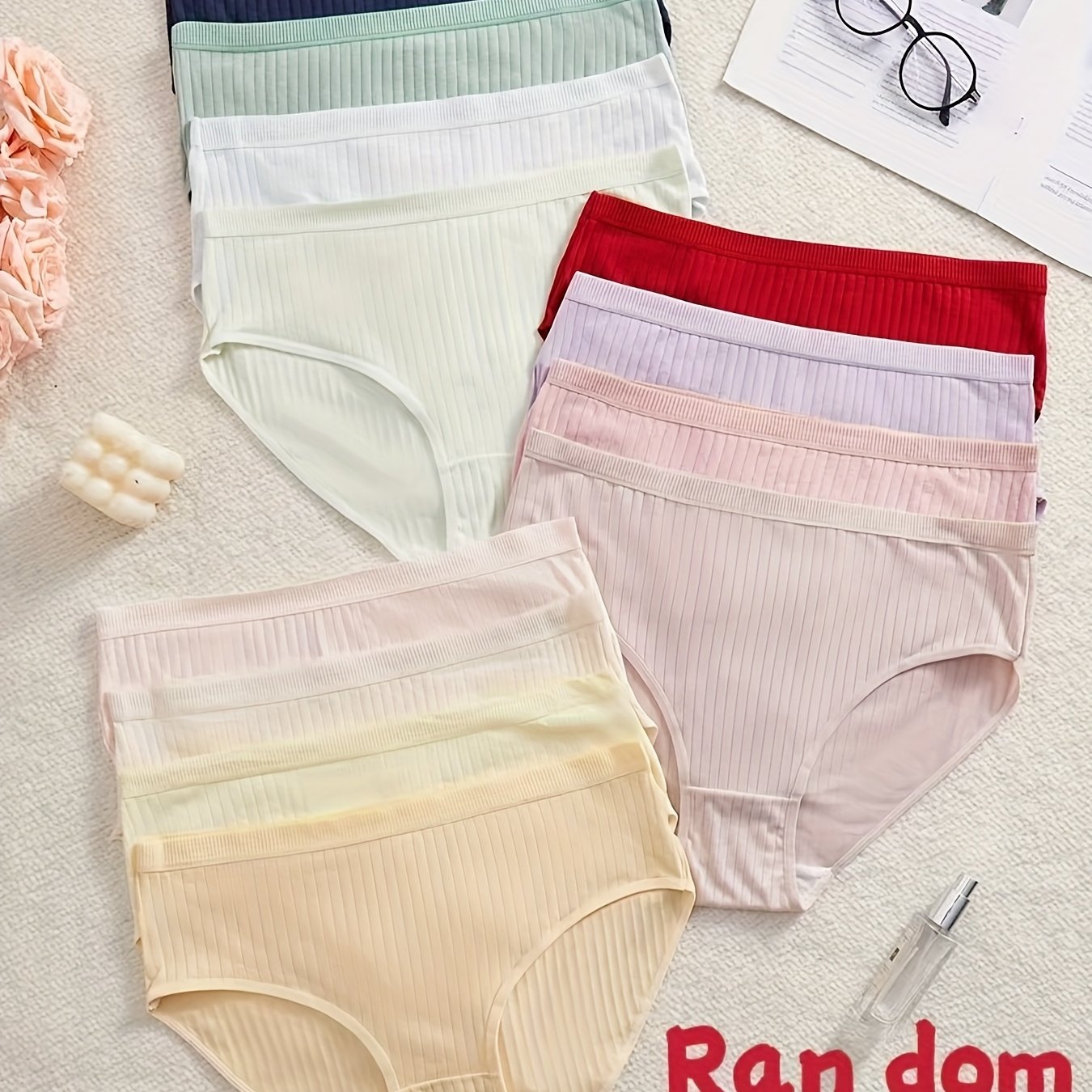10-pack Random Size Women's Ribbed Macaron Color Panties, , Random Colors