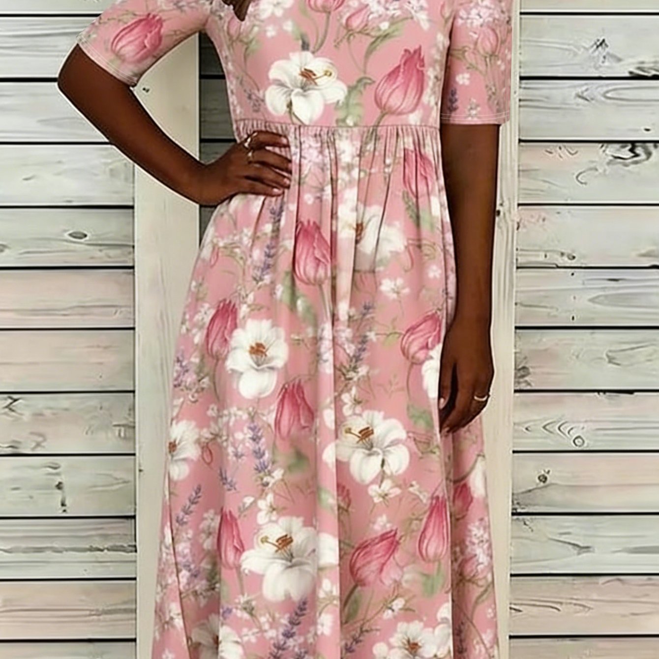 Image of Women's Pink Tulip& Lily Floral Print Round Neck Half Sleeve A-line Dress Summer Loose Fit Flowy Midi Dress Casual Style Boho With Pockets For Daily& Vacation Wear