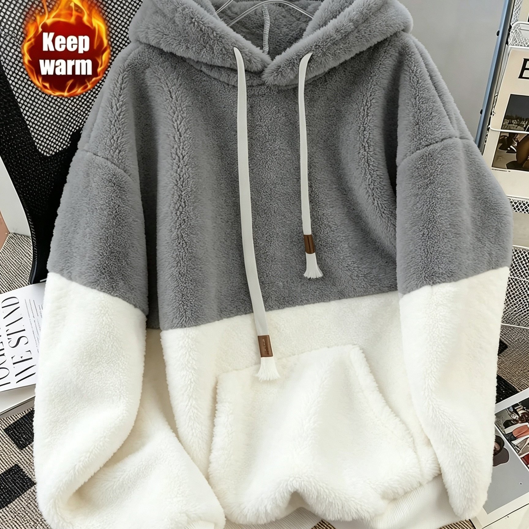 TEMU Plus Size, New Women's Autumn/winter Color-block Hooded Plush Sweatshirt