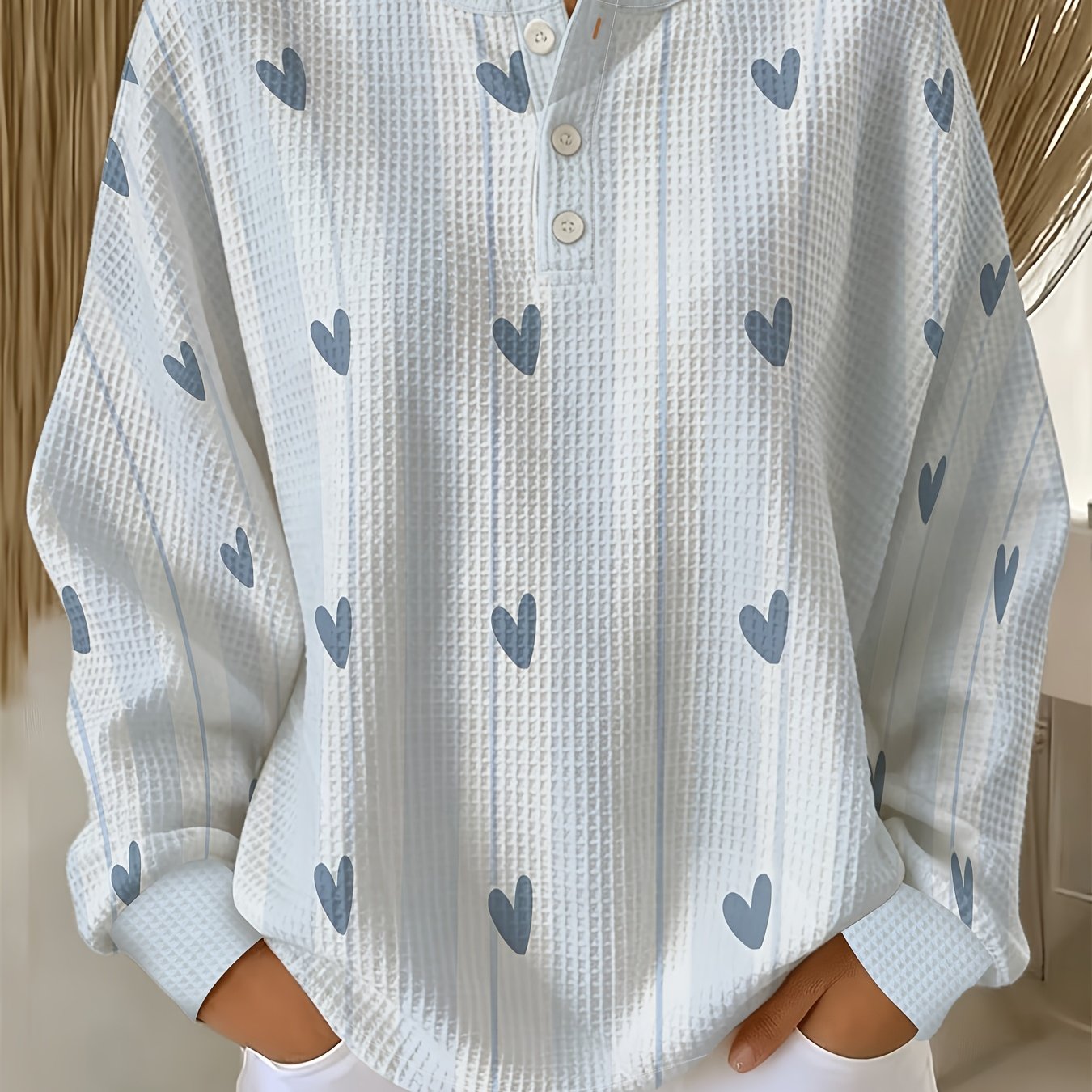 TEMU Plus Size Waffle Sweatshirt, Vintage Light With Dark Blue Heart Striped Print, -button Round Neck Long Sleeve Sweater