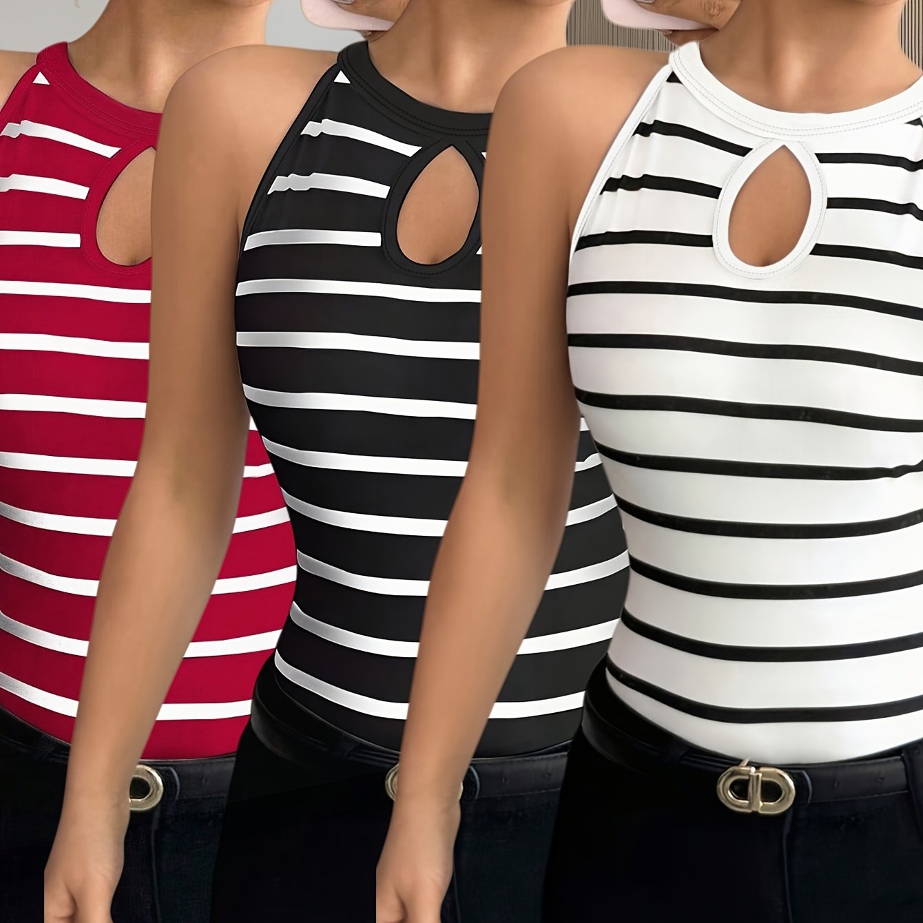 TEMU 3pcs Women's Striped Halter Neck Tops - Stretchy Slim Fit & Front Cutout Design - Casual Going-out T-shirts For Trendy Ladies
