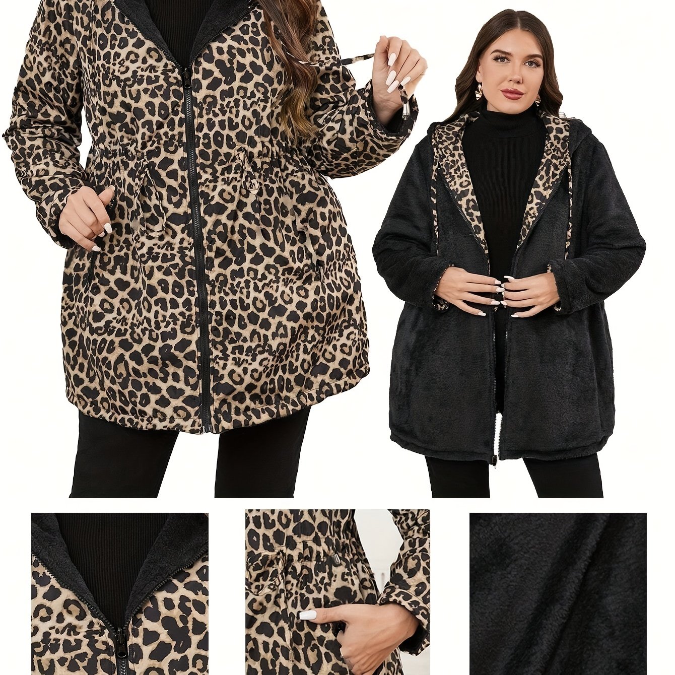 Plus Size - Plus Size - Reversible Coat - Teddy Fleece For , Classic Leopard Print, Suitable For Spring/fall/winter And Gifting