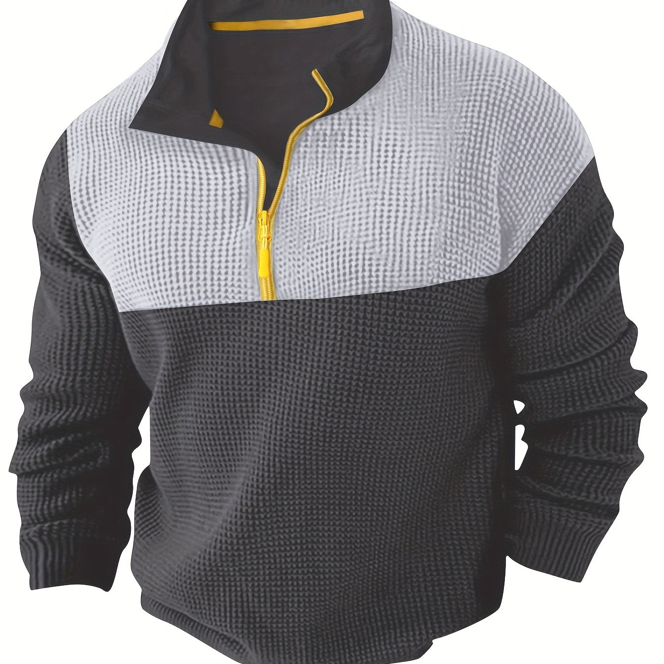 TEMU Men's Casual Waffle Knit Color-block Zipper Top, Regular Fit Casual Long Sleeve Stand Collar Knit Sweatshirt