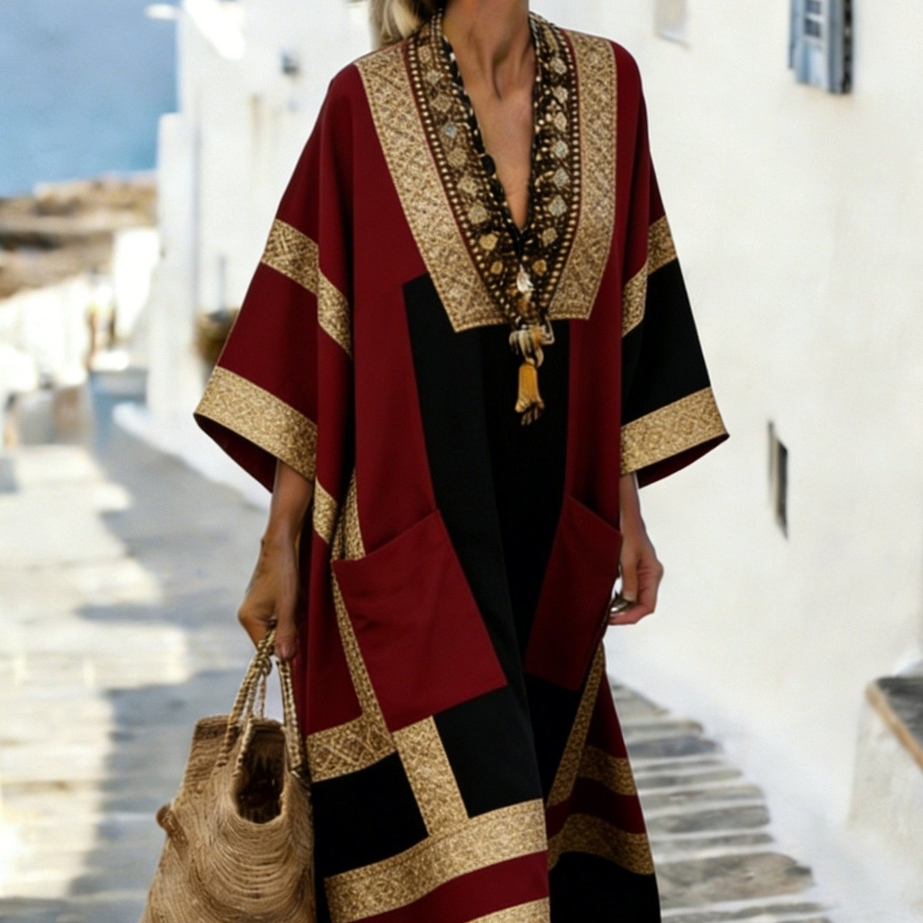 Plus Size, Women's Kaftan Dress, Elegant And Casual Dress, Flat Print, V-neck Long Sleeve Summer Dress, Suitable For Spring And Summer Wear, And A Great Gift
