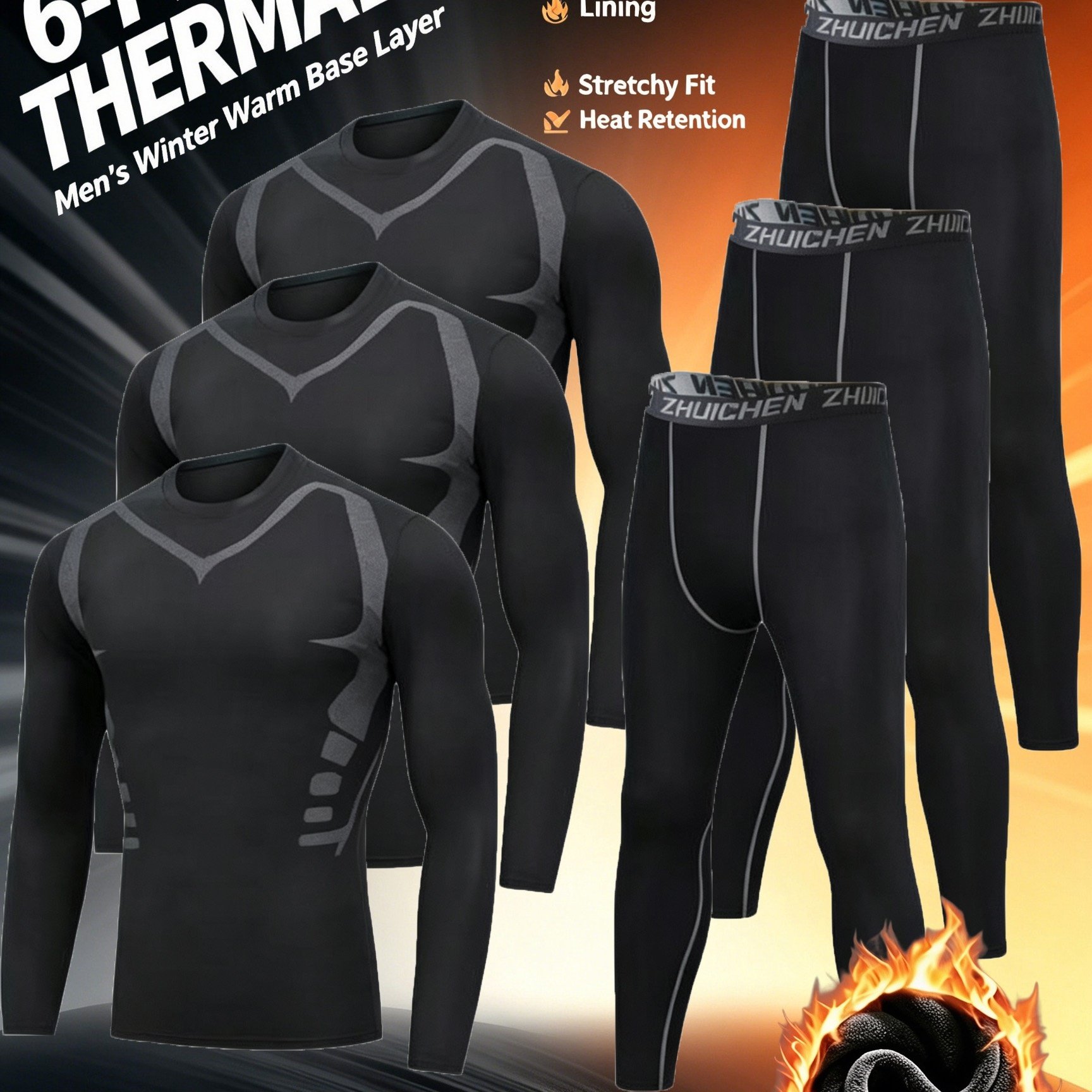 TEMU 6pcs Men's Thermal Underwear Set, 3 Tops And 3 Pants Winter Base Layer Sets, Stretch Quick Dry Warm Compression Long Johns For Sports Daily Cold