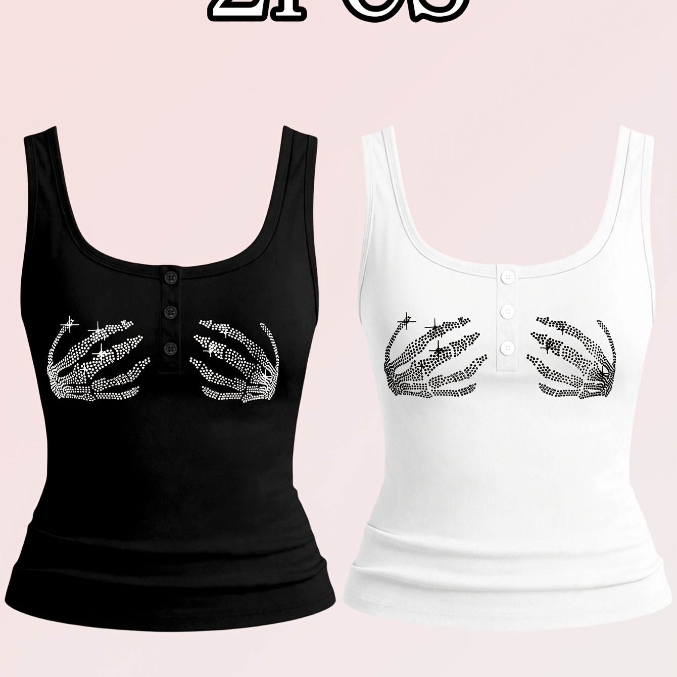 TEMU 2pcs Set Skull Finger Pattern Women's Clothing Button-style Hot Sexy Design Non-v-neck Women's Vest, Suitable For Spring Summer Autumn Winter
