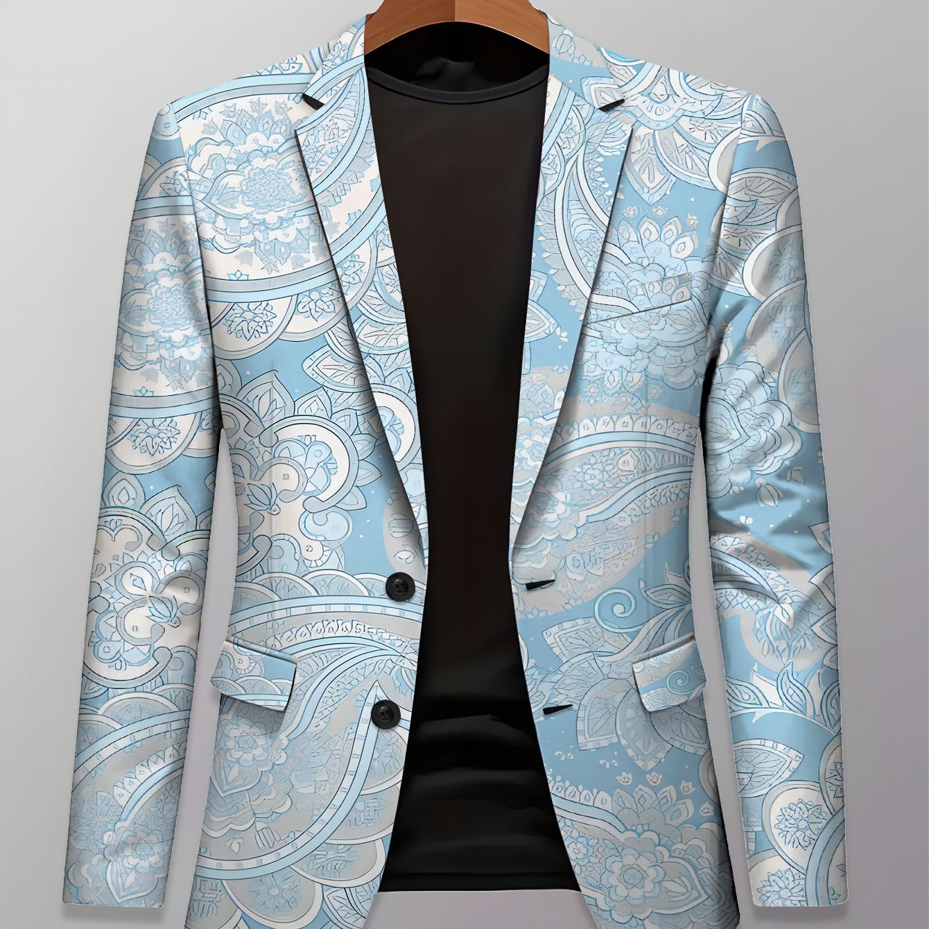 TEMU Fashion Men's Blazer Light Blue Paisley Pattern Vintage Style Casual Comfortable Versatile Slim Fit Men's Suit Top Street Trendy Clothing