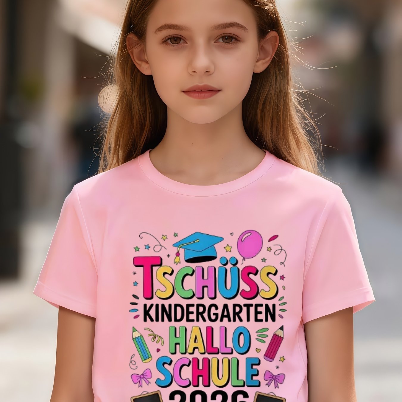 E-shop Schulstart Mädchen Kurzarm-Shirt, 2026 Kindergarten Abschluss Druck, Sportlich-Casual Passform, Bequem Atmungsaktiv, Festliche Atmosphäre,