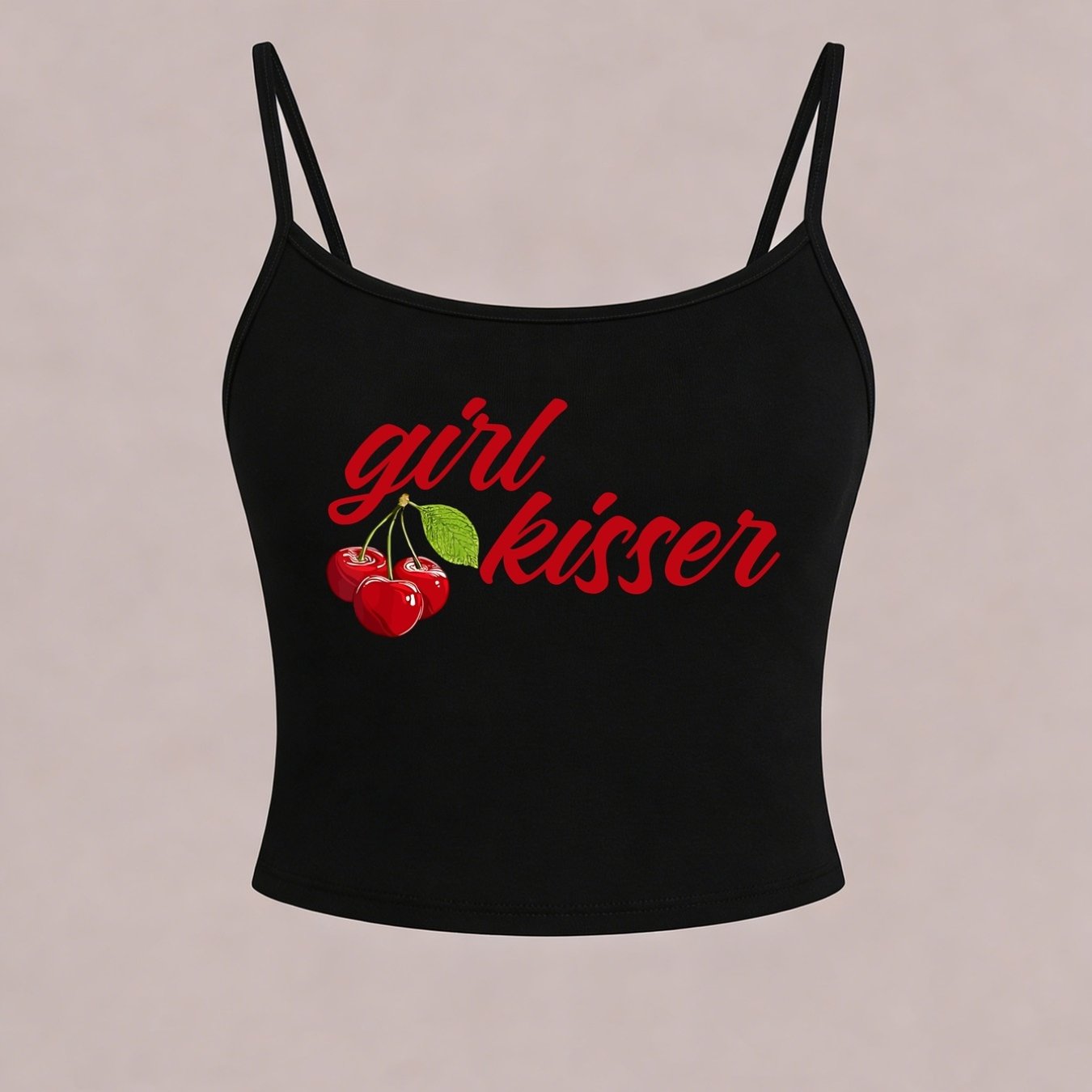 TEMU American Round Neck Cami - Cherry, Kissers Pattern, Y2k Retro Hot Outfit, Adjustable Straps, Women's Summer New Short Cami Top, Casual, Sexy,