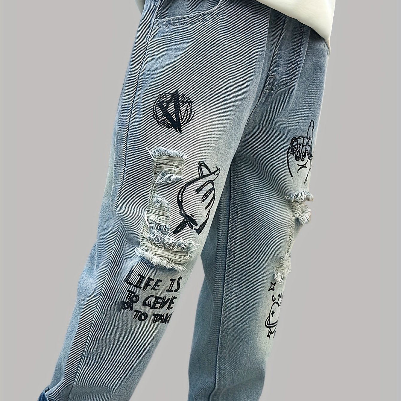 Image of Boys And Autumn Style Loose Fit Graffiti Denim Jeans Long Pants Suitable For Daily Back-to-school Casual Outdoor Wear