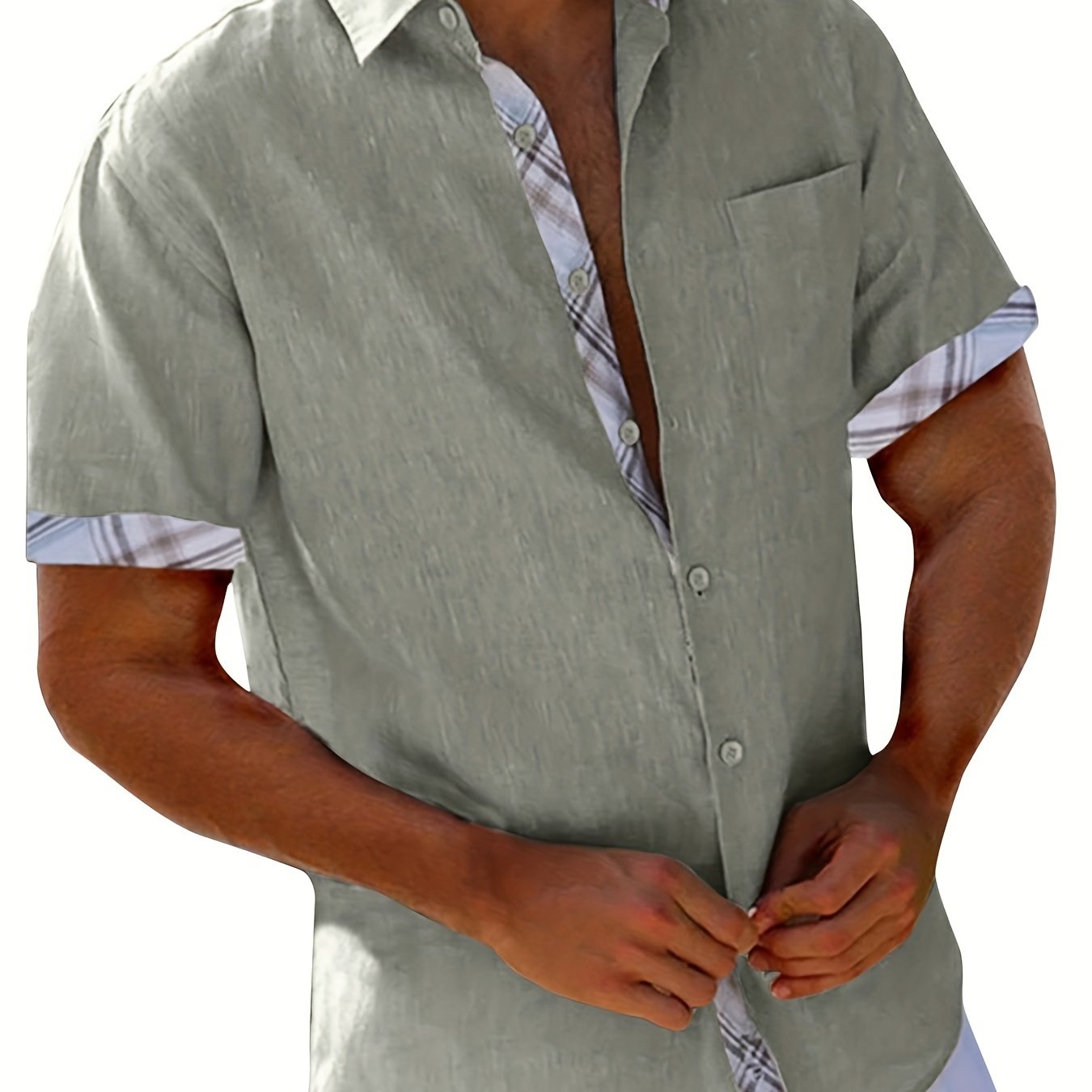 Image of Men's Spring/summer And Linen Cuff Contrast Color Lapel Short Sleeve Pocket Casual Fashion Shirt 6282 (zhi Yu Zhi)