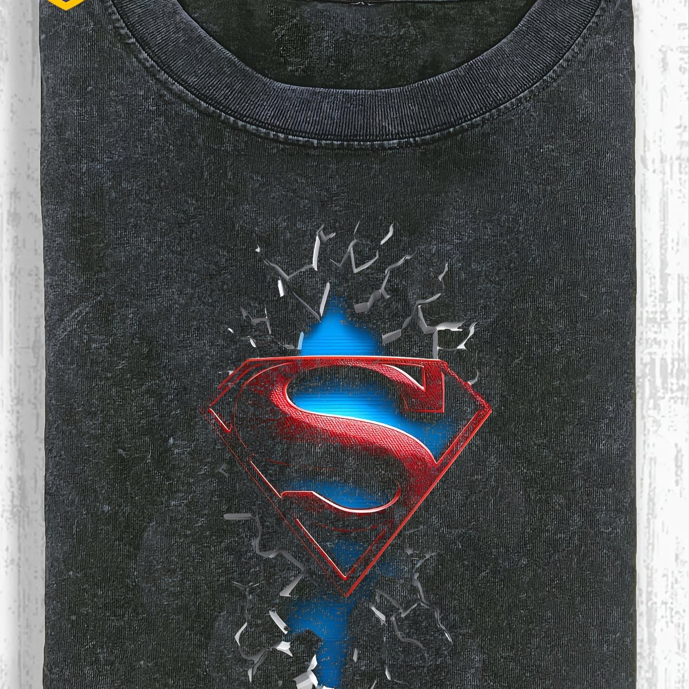 Image of Superman Logo Cracked Effect Washed Men's T-shirt, 230g Pure Cotton, Men's Summer Clothing, Vintage Distressed Style, Men's Gift, Casual Outing And Vacation