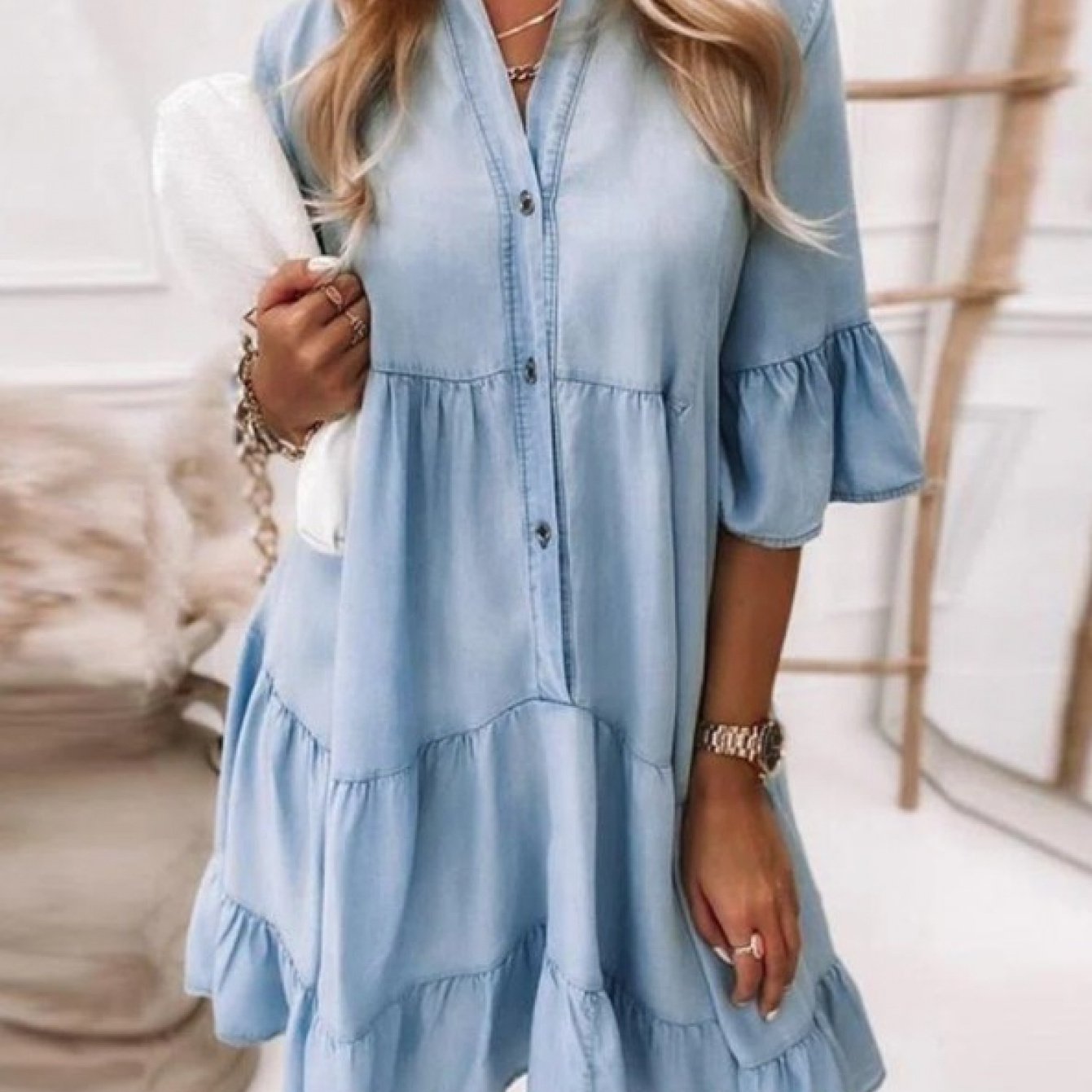 TEMU Denim Dress With A Solid Color, Washed End, 5 Sleeves, And Mid-length