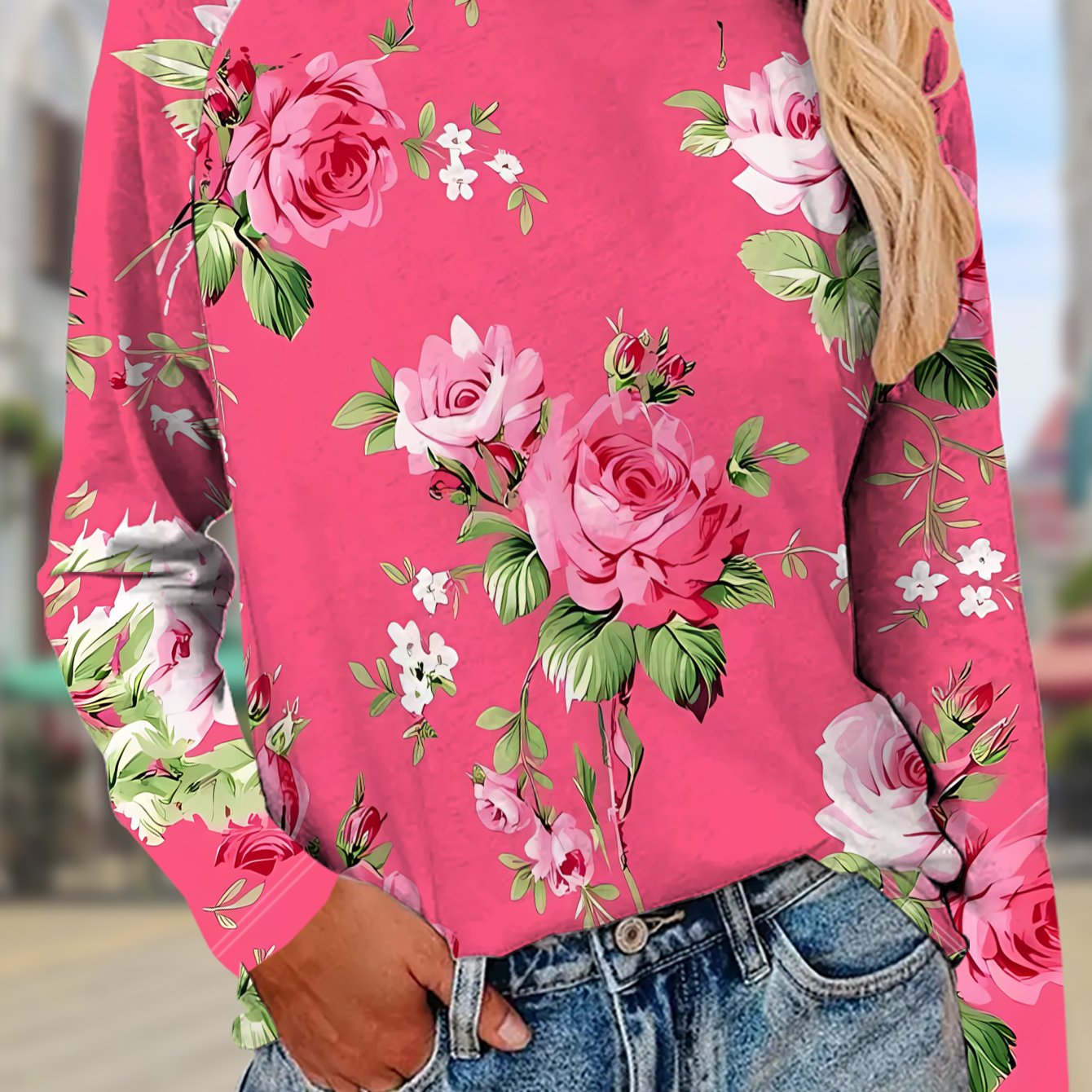 TEMU Women's Long-sleeve T-shirt In Pink With Rose Pattern, Made Of, Commuting And Casual Wear