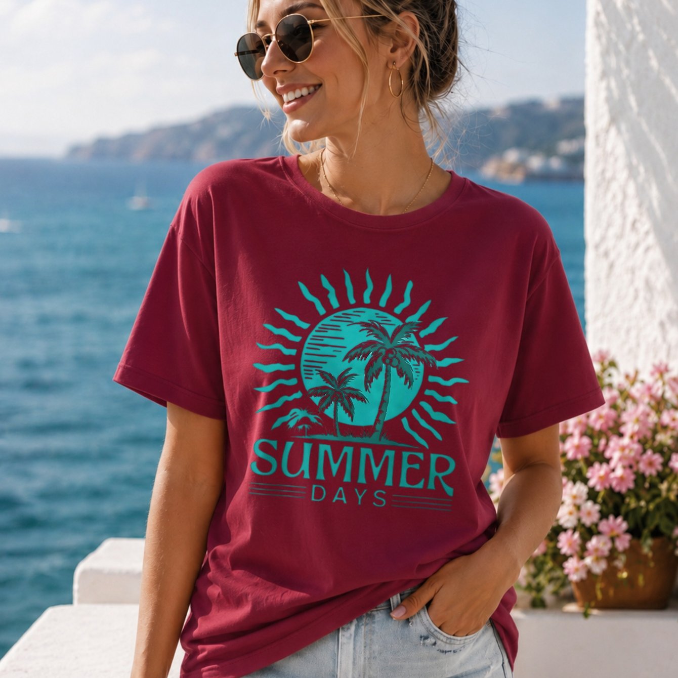 Image of Sun And Palm Tree Graphic Women's Short Sleeve T Shirt, Loose Neck Tee With Regular Length, Multiple Colors , Front Large Retro Summer Themed Sun And Coconut Tree Print, Casual Vacation