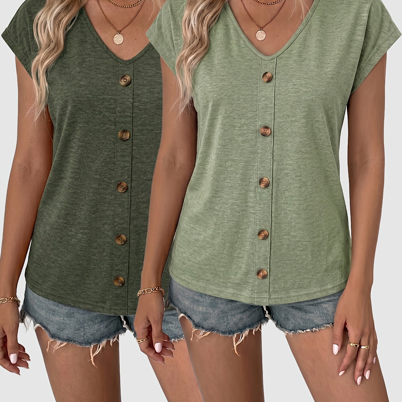 TEMU 2pcss Summer Women' Color V-neck Short Sleeve T-shirt, Western Casual Single Button Decor Versatile Top, Casual Top, Solid Color V-neck Short