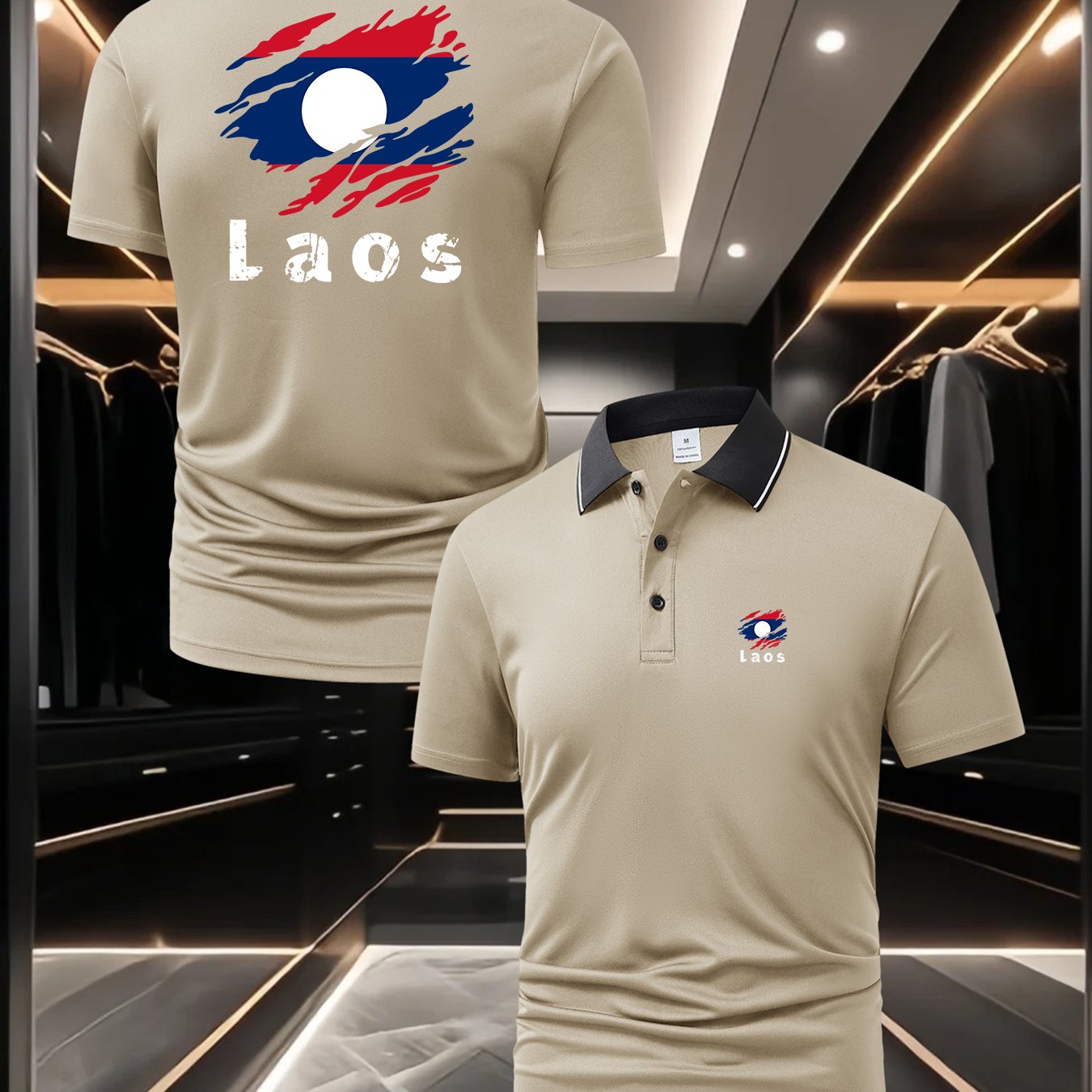 TEMU Mature Men's Laos Flag Themed Shirt With Front And Back Prints, Soft And Breathable Top, Suitable For Sports, Fitness, And Casual Daily Wear