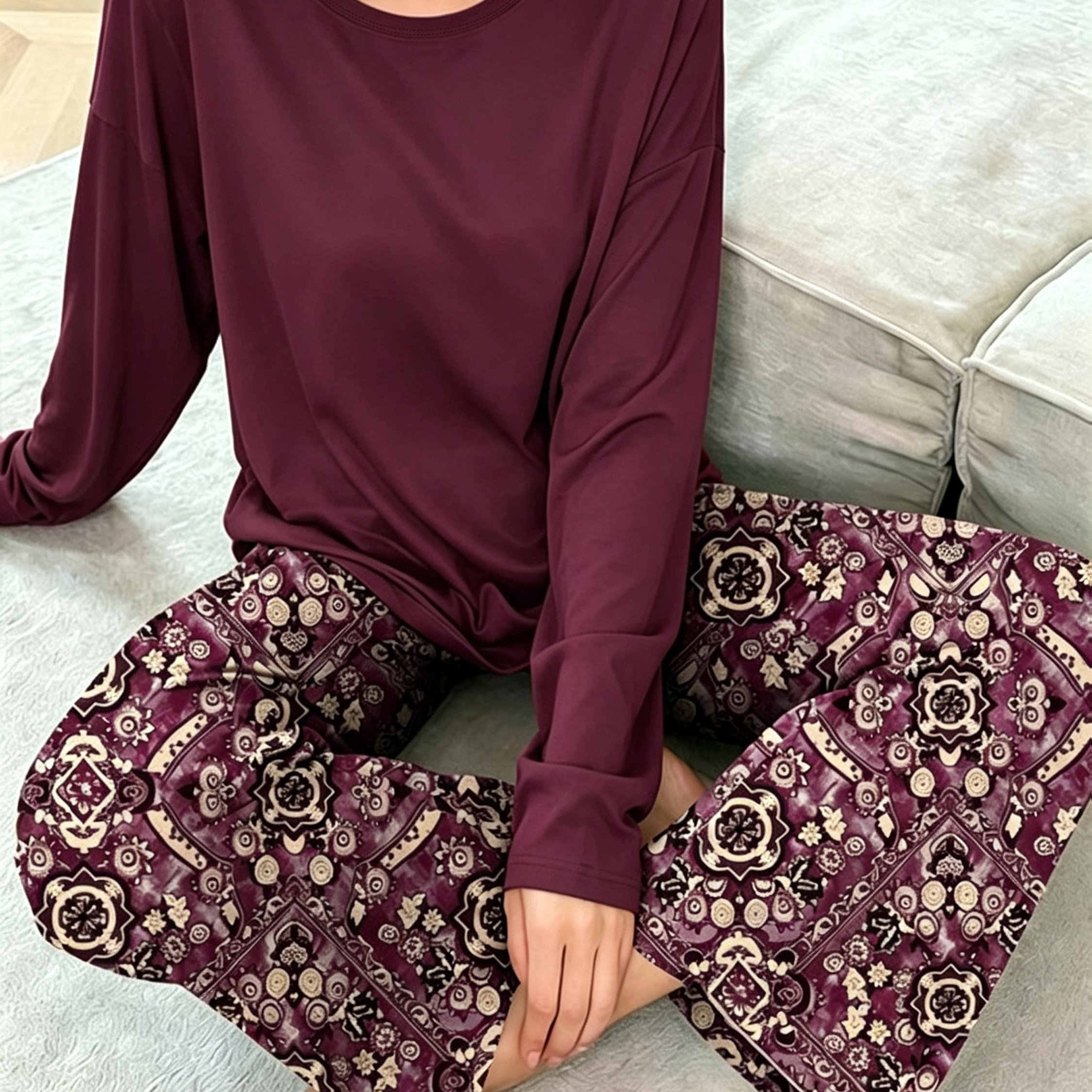 TEMU Women's Fashion Long-sleeve Pajama Set With Geometric Pattern, Featuring A Round-neck Top And Long Pants, Casual And Comfortable Sleepwear