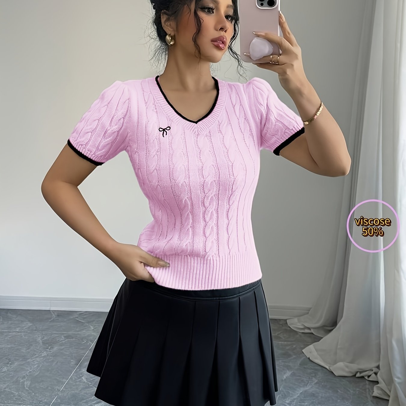 E-shop Damen Pullover mit Tränen-/V-Ausschnitt Schleifen-Stickerei im Achtfach-Geflecht-Muster, lässiger eleganter Pullover