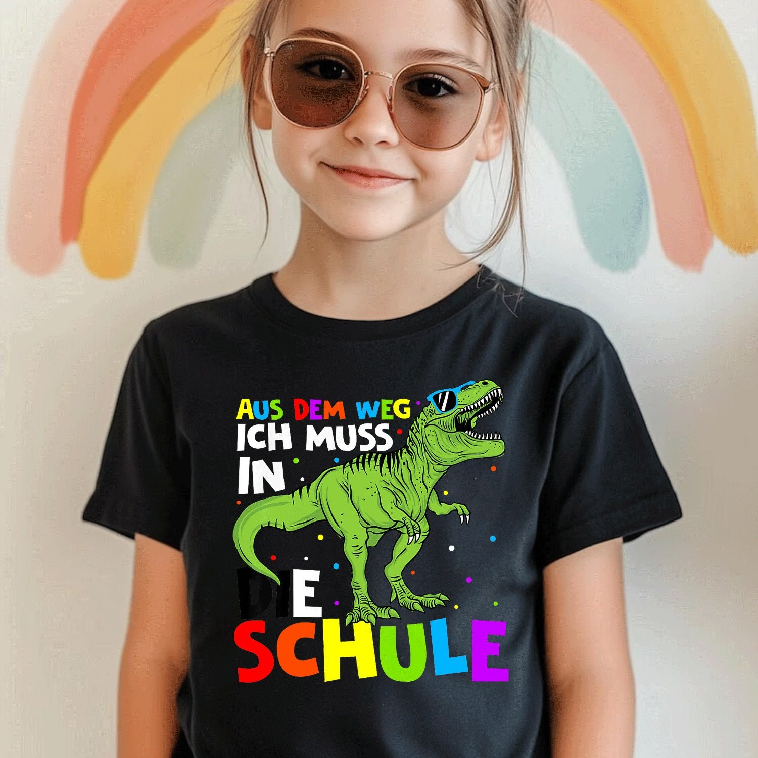 Image of Dino T-shirt With German Text 'aus Dem Weg Ich Muss In Die Schule - Schulbeginn', White Comfortable Casual Crew Neck Tee For Boys And Girls T Shirt, 200g