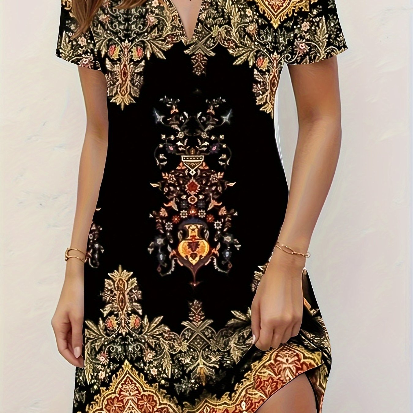 TEMU Vintage Dress, Notched Neck Short Sleeve Dress For , Women's Clothing