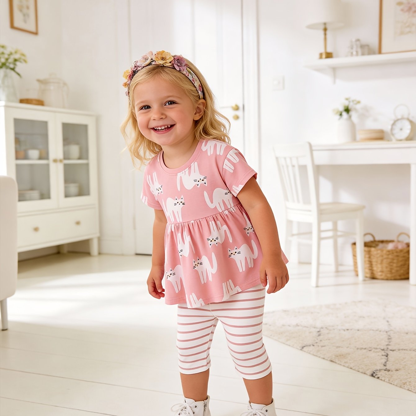 Girls' Pink Cat Print Top And Striped Capri Pants Two-piece Casual Set, For Outdoor