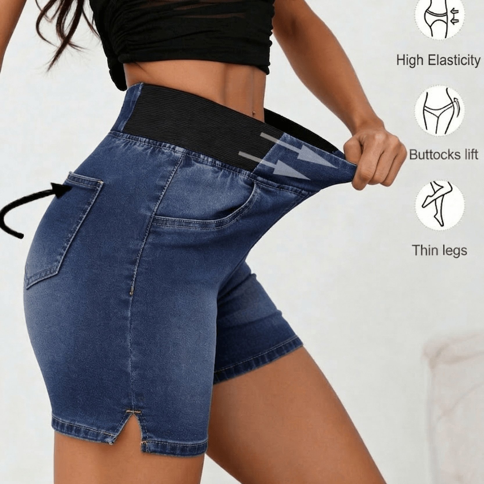 Women's High Waist Stretchy Denim Shorts, Elastic Tummy Control Lifting Slim Jeans, Summer Casual Short Pants Denim Shorts