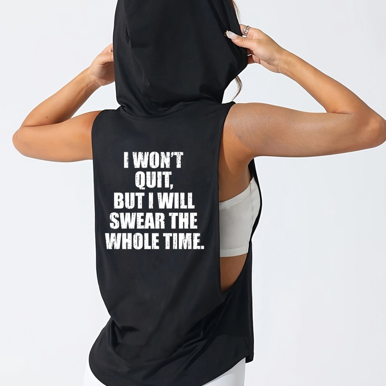 TEMU Ladies' Sleeveless Hooded Tank Top, 't Give Up, I Will Only Swear By The Print, Loose Fit, Machine Washable, Suitable For Casual And Sports Wear