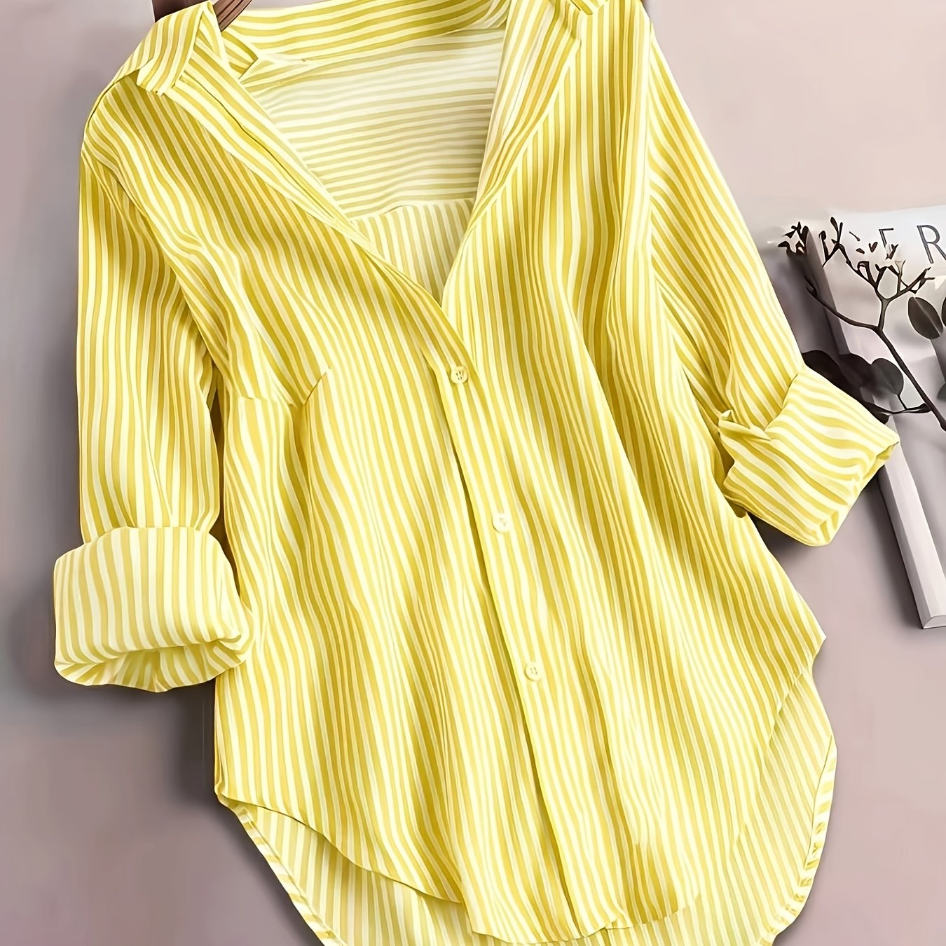 TEMU Women's Elegant Striped Shirt Fashion Blouse Long Sleeve Lapel Pocket Top