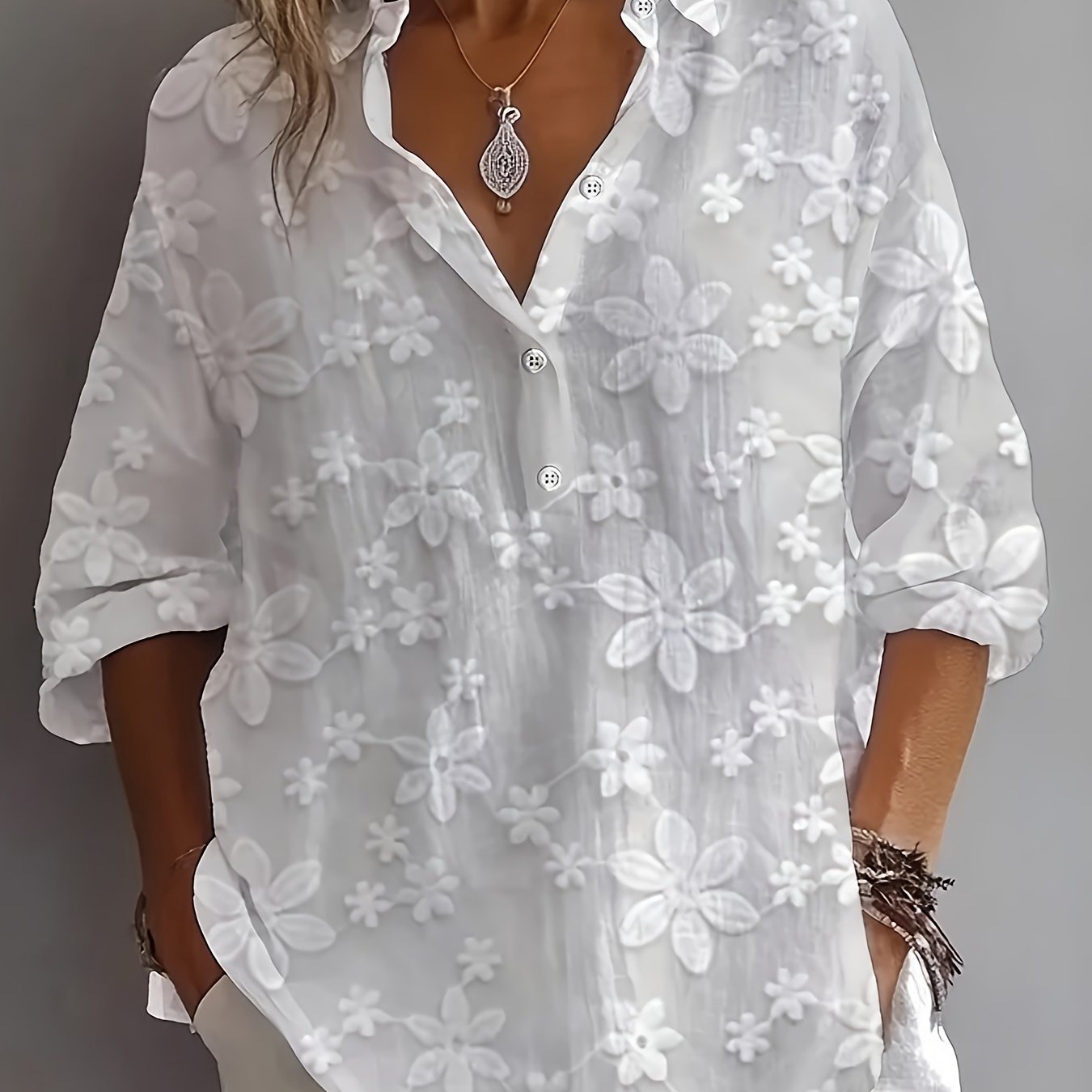 E-shop ST25067 Damen Frühlings-/Herbstmode Einfarbige Bluse mit V-Ausschnitt