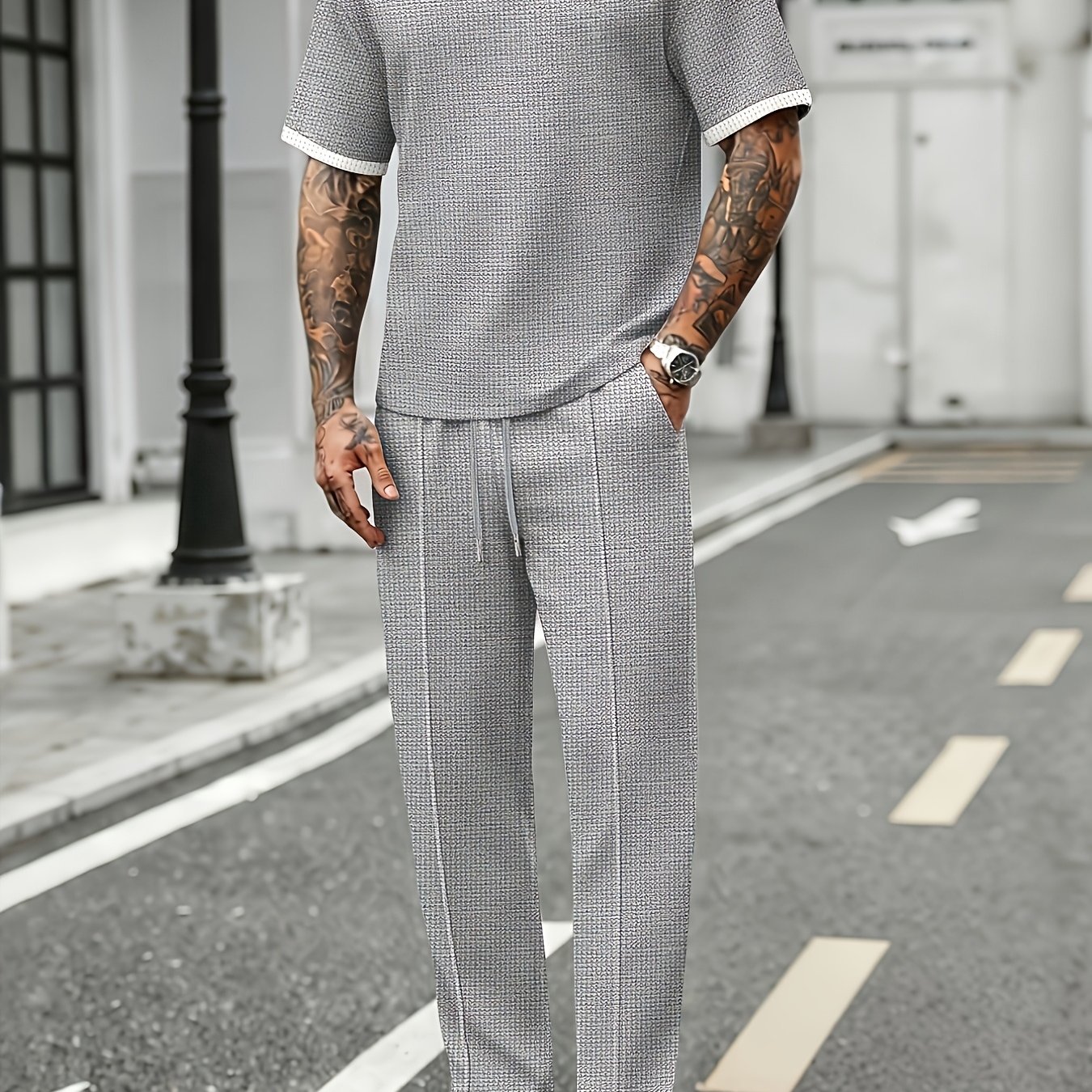 TEMU Men's 2pcs Set, Waffle Short Sleeve V-neck Top And Athletic Long Pants