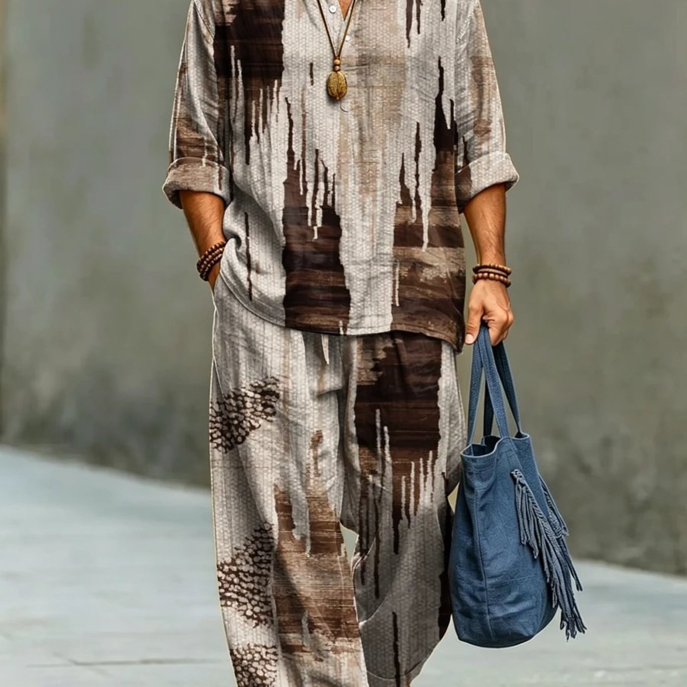 Image of Standard Size Men's Loose Two-piece Set - Men's Fashionable Casual Style Retro Abstract Ink Painting Print Henley Shirt And Wide-leg Pants Two-piece Set. Adult Men's Holiday Gift For Everyday Wear